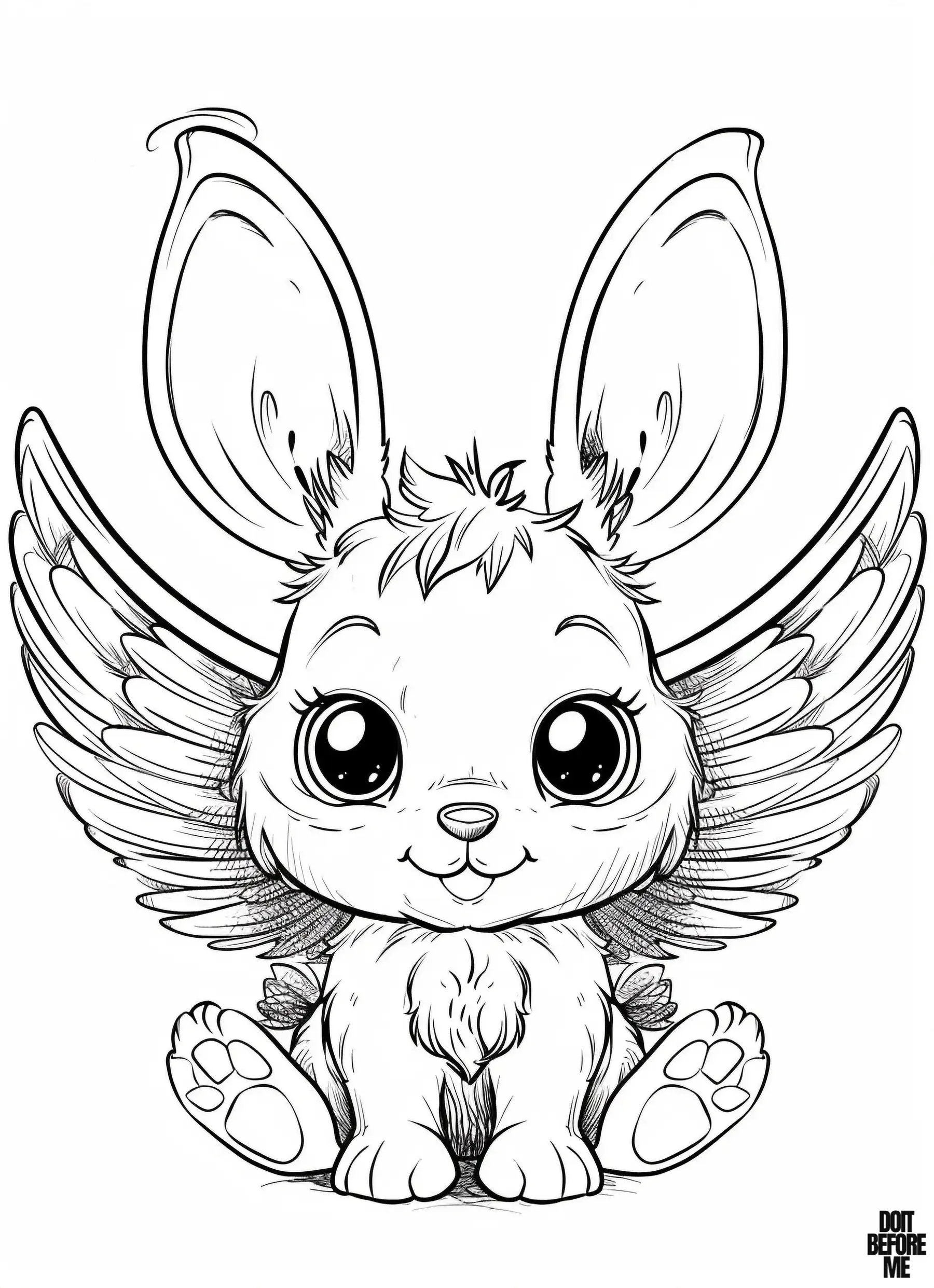 A baby rabbit with angel wings, playfully looking with a friendly demeanor and a loving expression, sits with its ears upright.