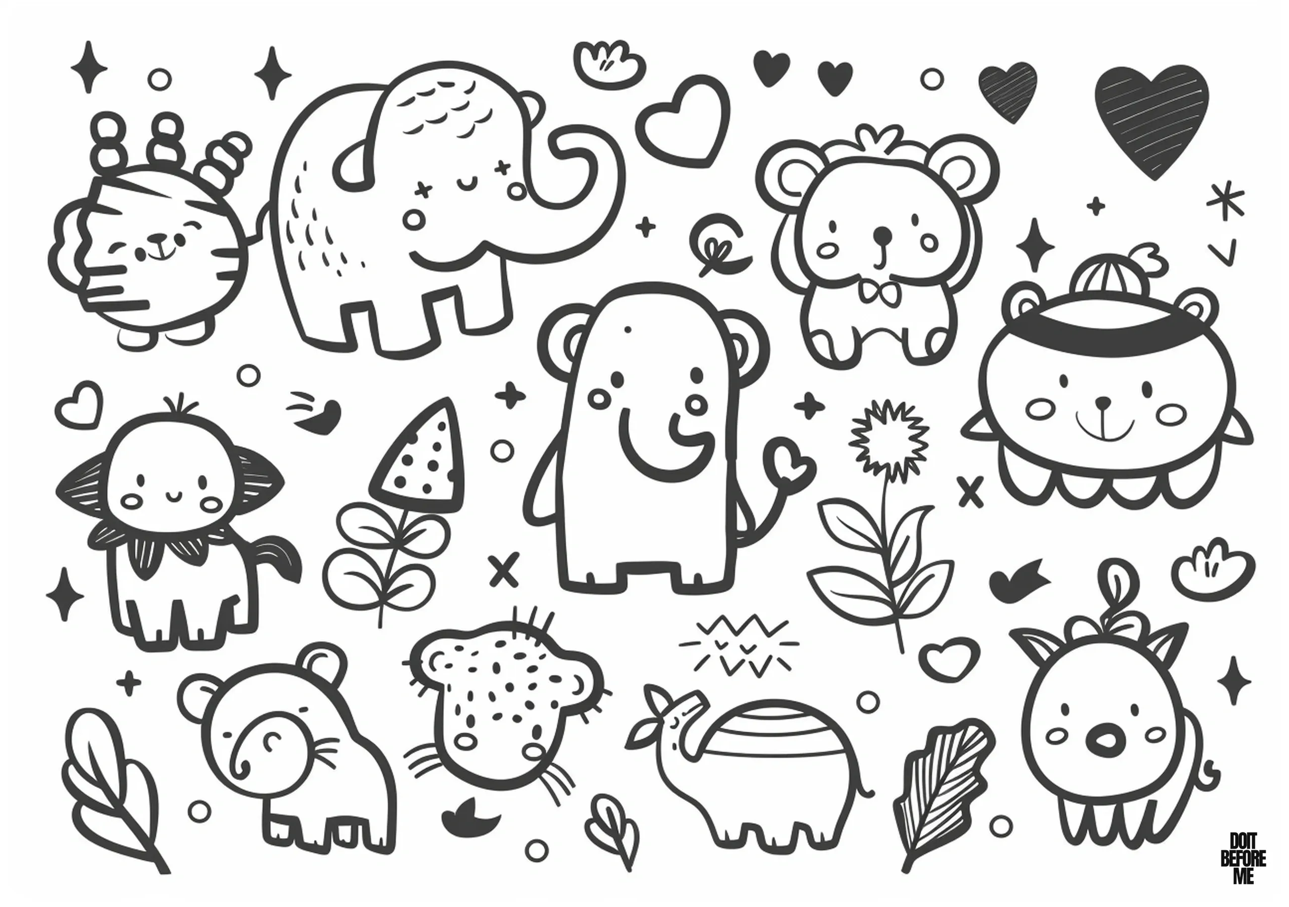 Printable easy coloring page for preschoolers featuring an elephant, camel, lion, and many more animals.