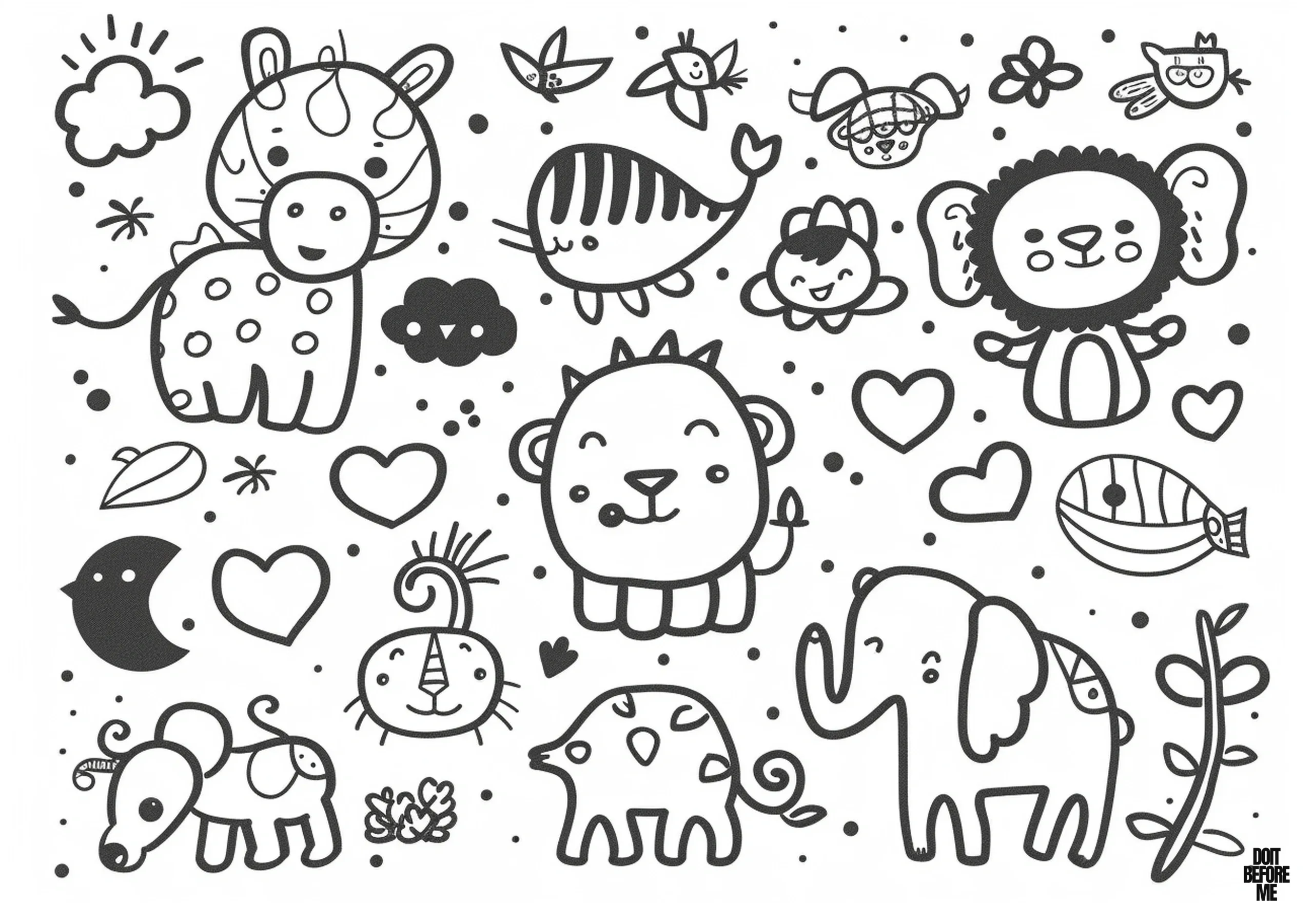 Easy printable coloring page for kids featuring animals such as a giraffe, whale, lion, elephant, antelope, scorpion, fish, as well as hearts and flowers.