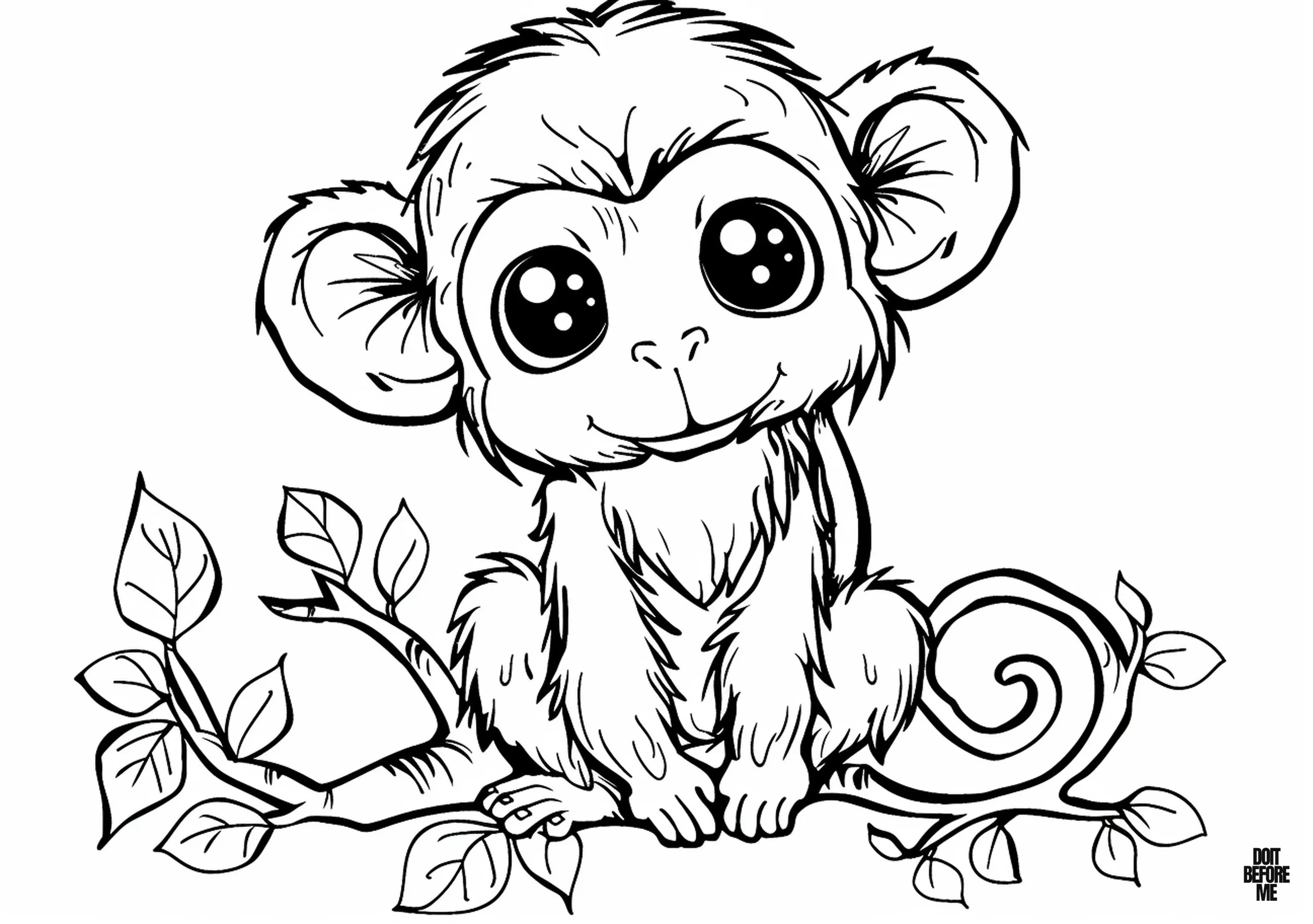 Easy coloring page: A cute baby monkey is holding onto a branch of the tree, smiling with its big eyes shining with happiness.