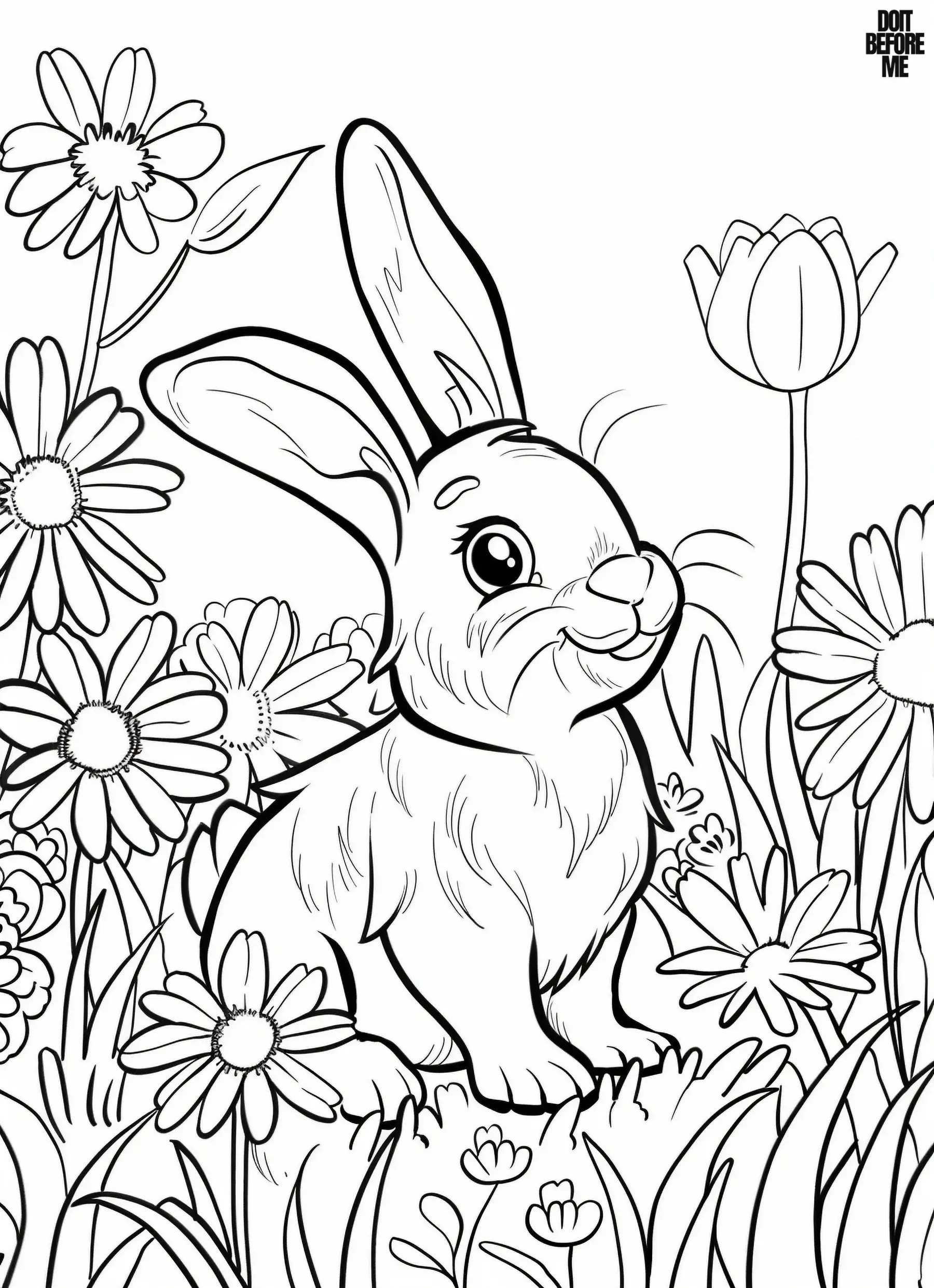 Rabbit with a happy expression smiling in the middle of a meadow decorated with flowers such as tulips.