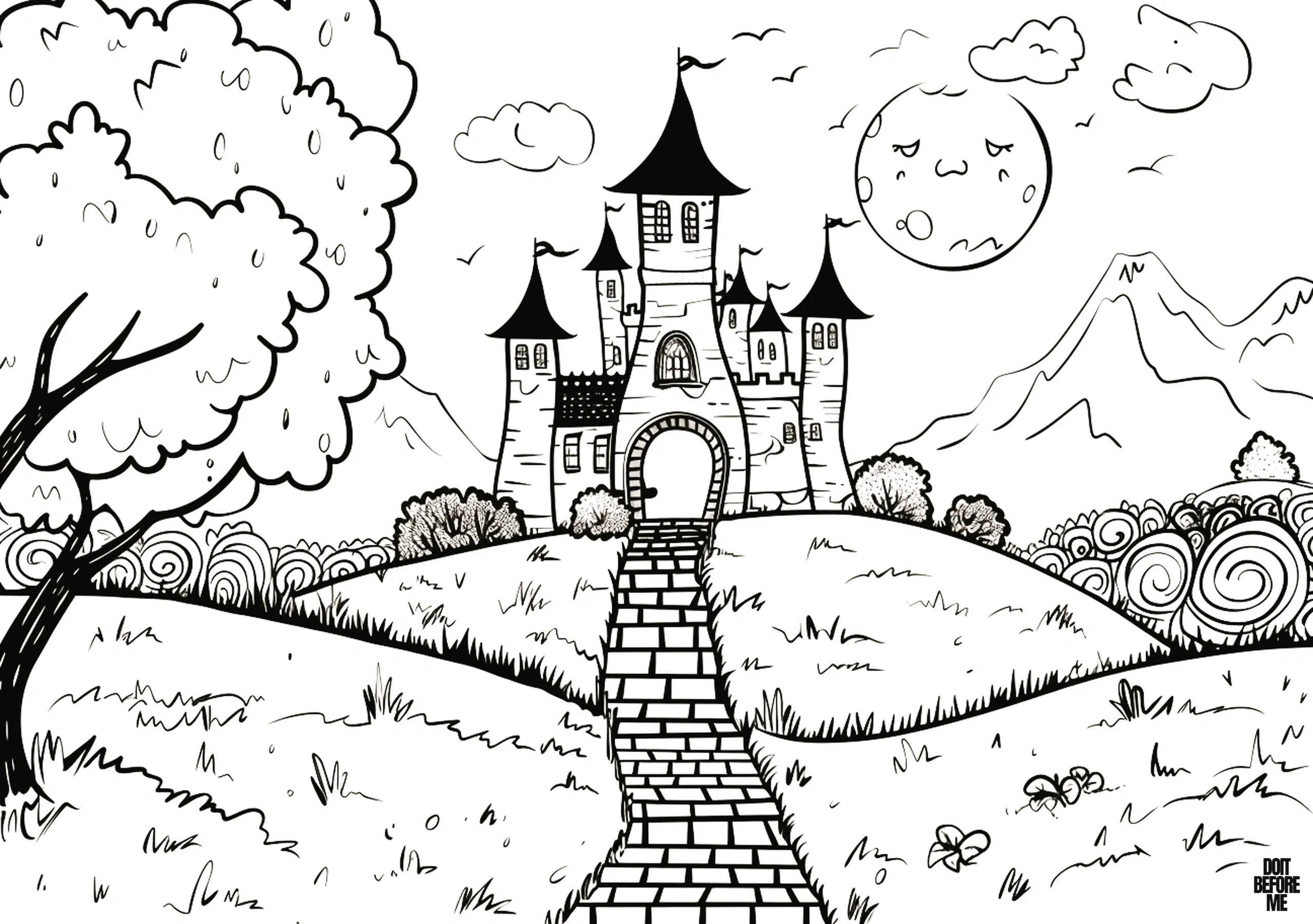 A coloring sheet depicting a Disney castle with towers wherein a cartoon or comic book setting is portrayed, featuring a prince, a princess, a king, and a queen living happily therein. A stone road leads to the castle, with meadows and a tree surrounding it.