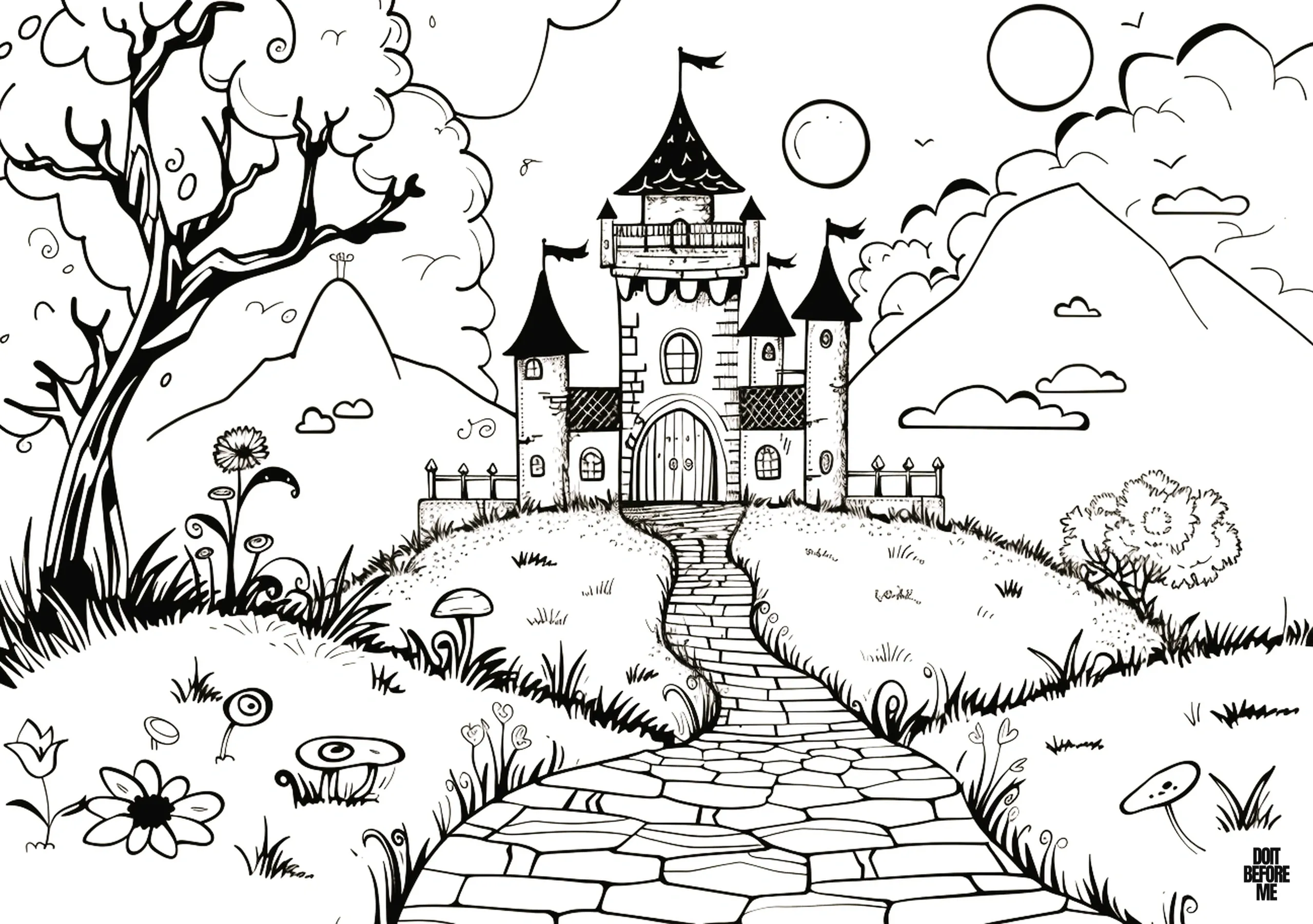 Castle coloring page for toddlers depict a castle emerging from a corner of a cartoon movie universe where magic reigns. The illustration features a stone pathway leading to the castle, with trees, flowers, and mushrooms lining the sides of the road. Behind the castle, steep mountains rise, accompanied by the presence of the sun, moon, and clouds.