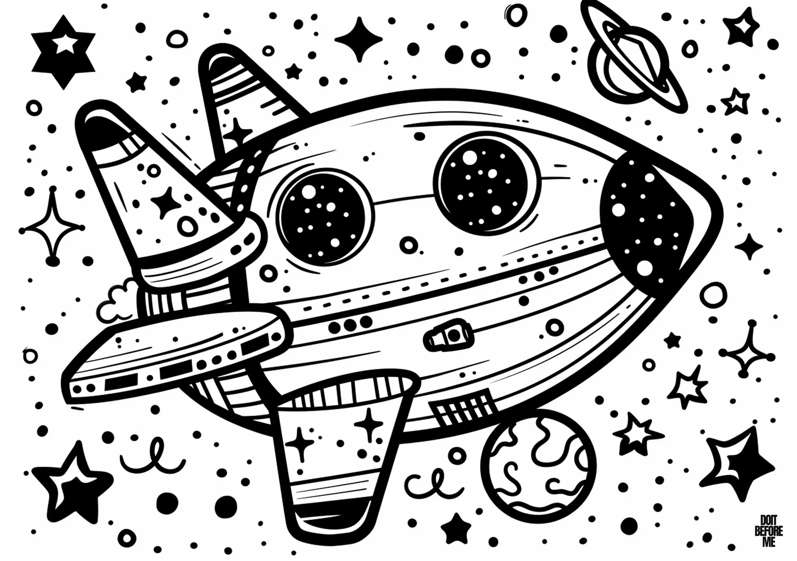 Cool and simple spaceship coloring sheet tailored for preschoolers. Featuring planets and stars from the Milky Way orbiting the spaceship, inviting discovery and exploration.