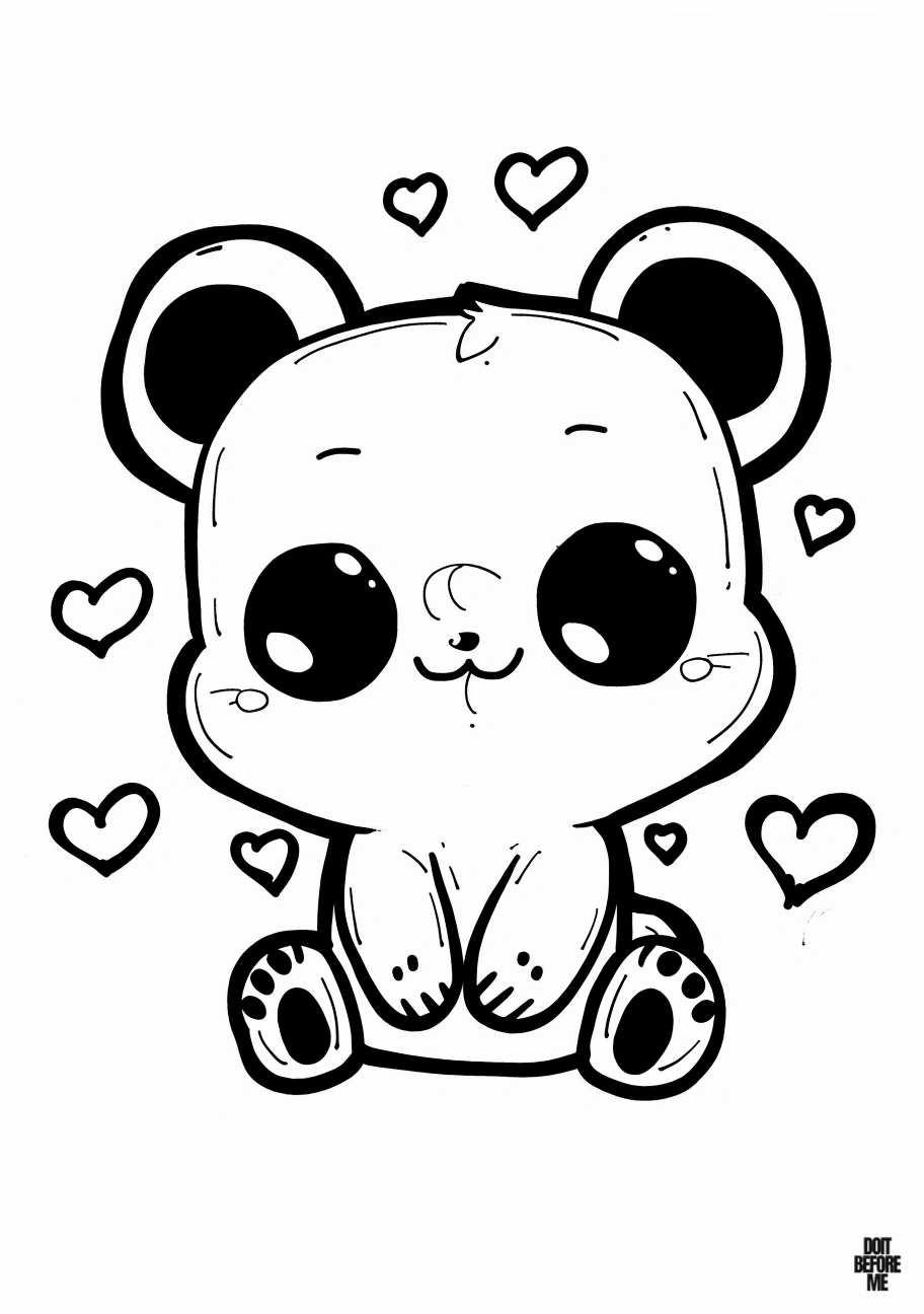 Coloring page featuring an cute bear cub with a large, simple-designed head and a small body, surrounded by charming hearts. Ideal for easy coloring.