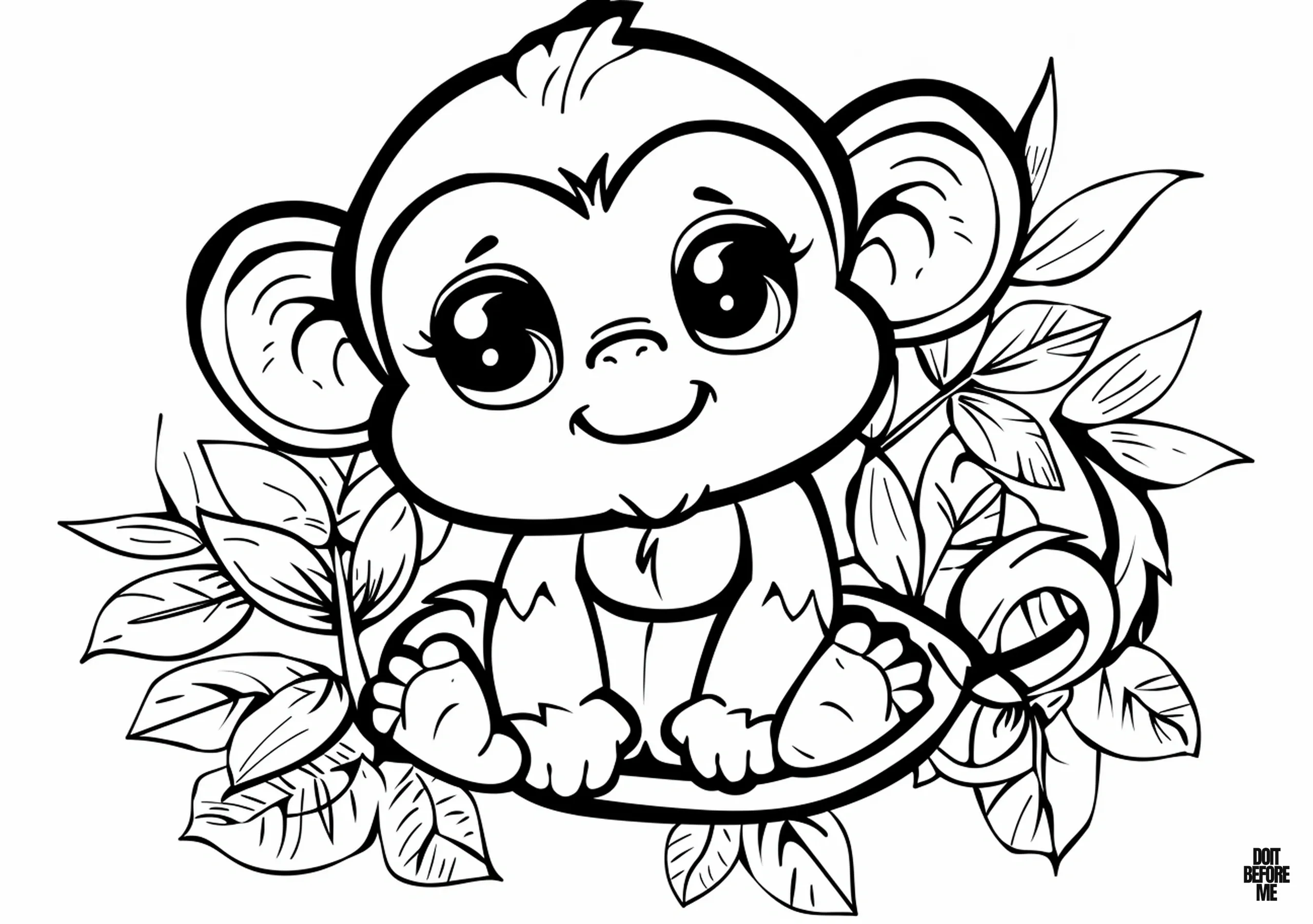 Printable coloring page for kids featuring an easy design of a kawaii and cute monkey.