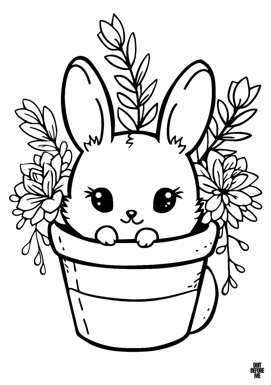 A free printable easy coloring page featuring a kawaii baby rabbit nestled within a flower pot, peering out with endearing curiosity. Blooms adorn the background.