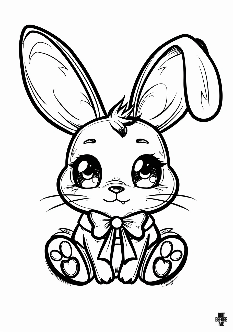 Free printable coloring page featuring a cute baby rabbit adorned with a charming ribbon, designed for adults to enjoy intricate details and embrace the adorable theme.