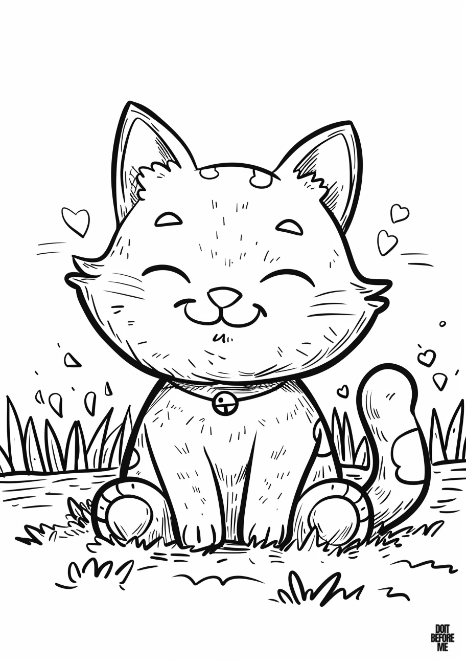 Free printable coloring page featuring a cute kitten happily and peacefully sitting with its eyes closed, evoking a sense of cuteness and peace.