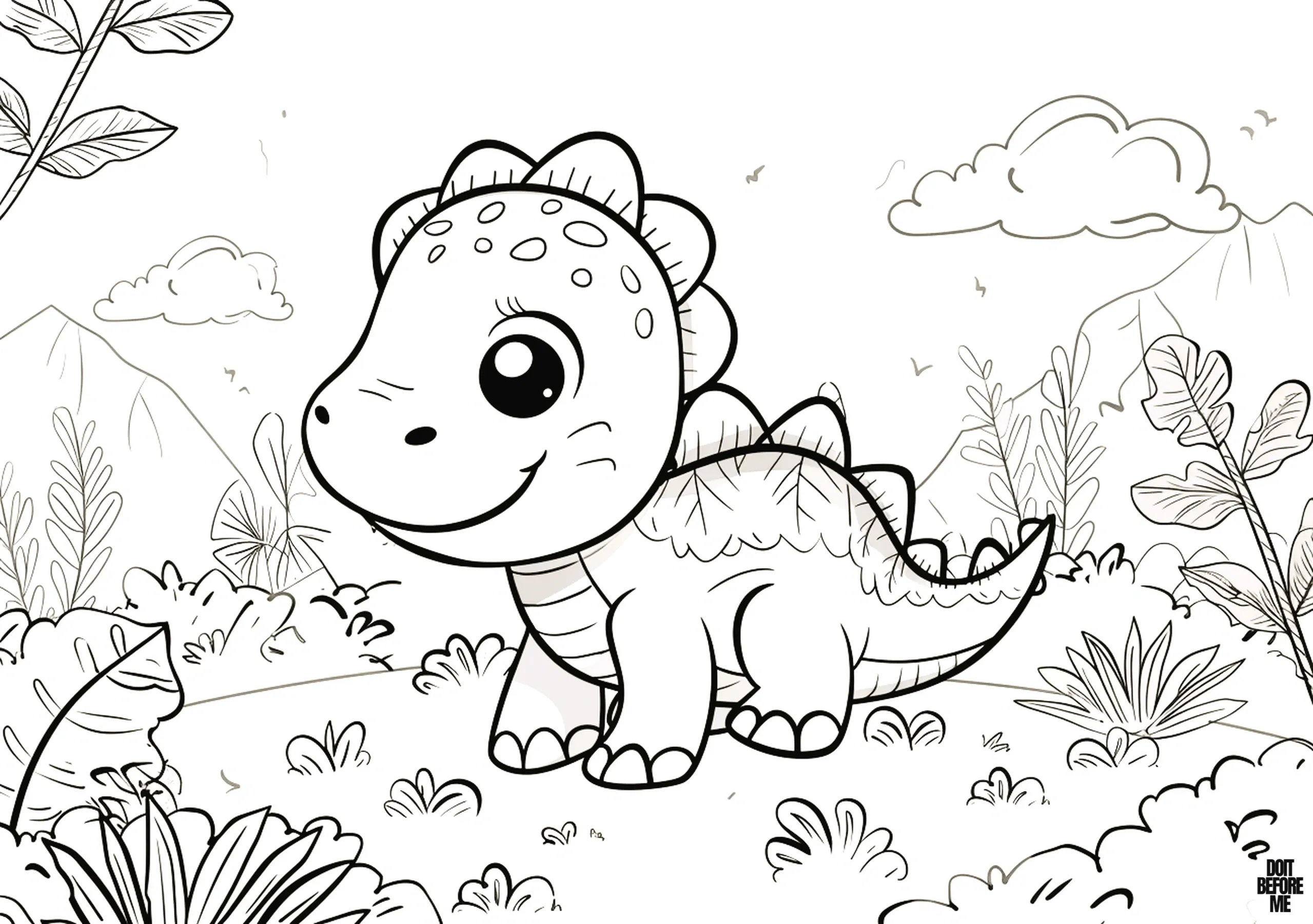 Printable coloring page of a cute baby stegosaurus for kids due to its easy design, the background of the dinosaur includes a forest-like place, grass, some plants and a clear sky.