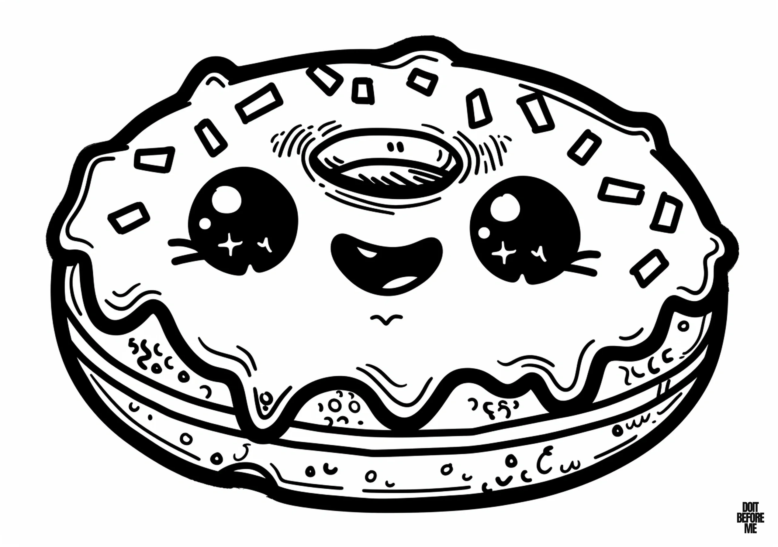 Printable coloring page of a cute, kawaii-style doughnut with sprinkles, designed for kids.