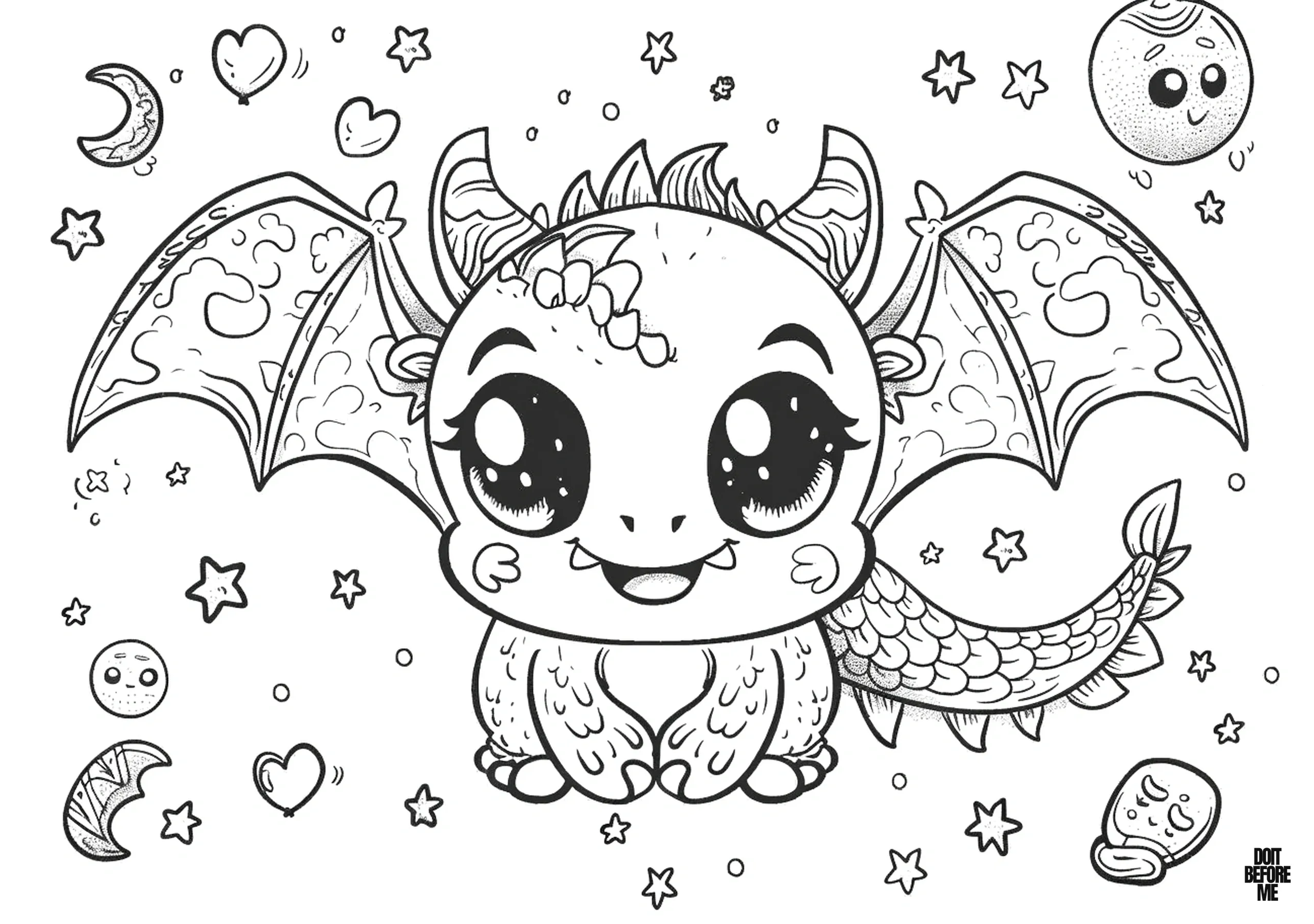 Printable coloring page featuring a cute kawaii dragon surrounded by adorable stars, moons, and hearts, designed for kids.