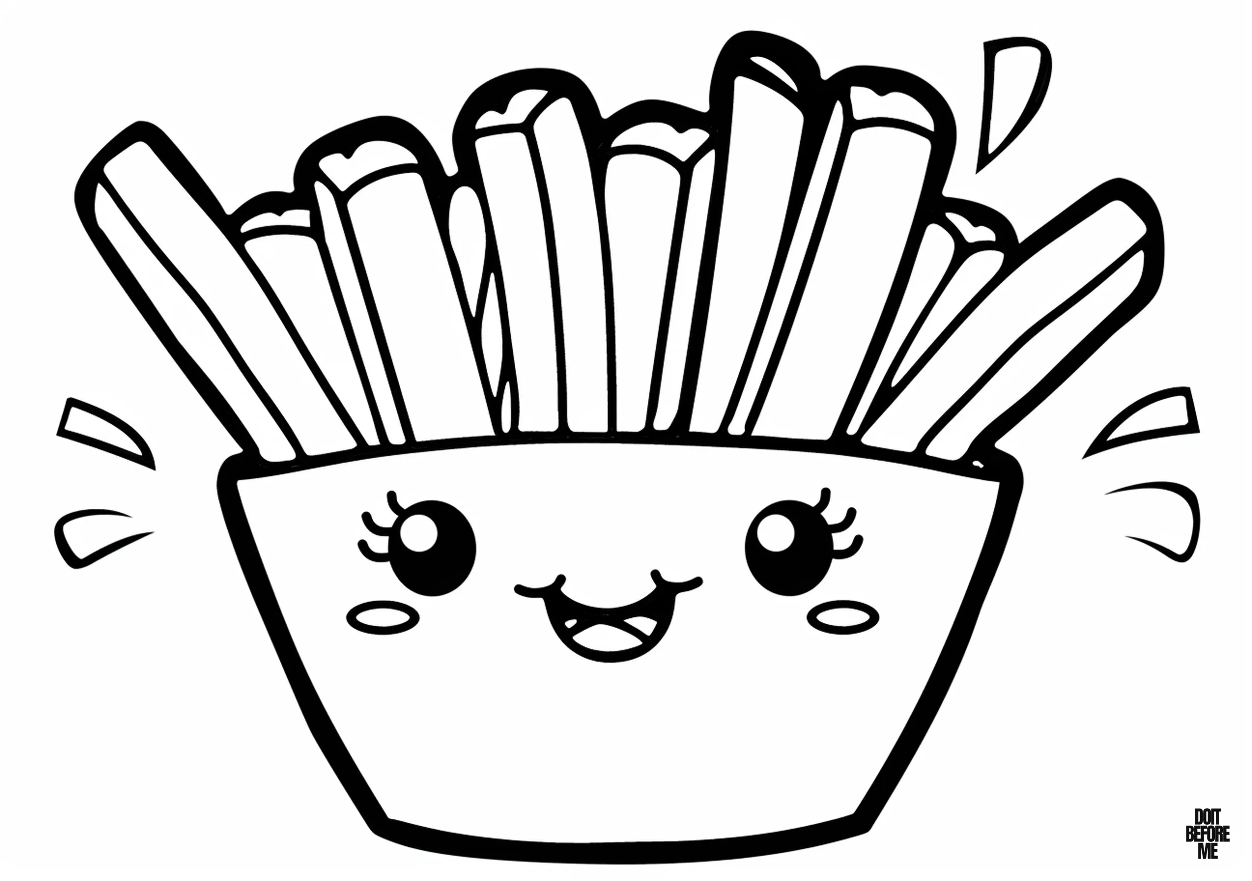 Easy design of a cute, kawaii, smiling-face French fries coloring page printable for kids.