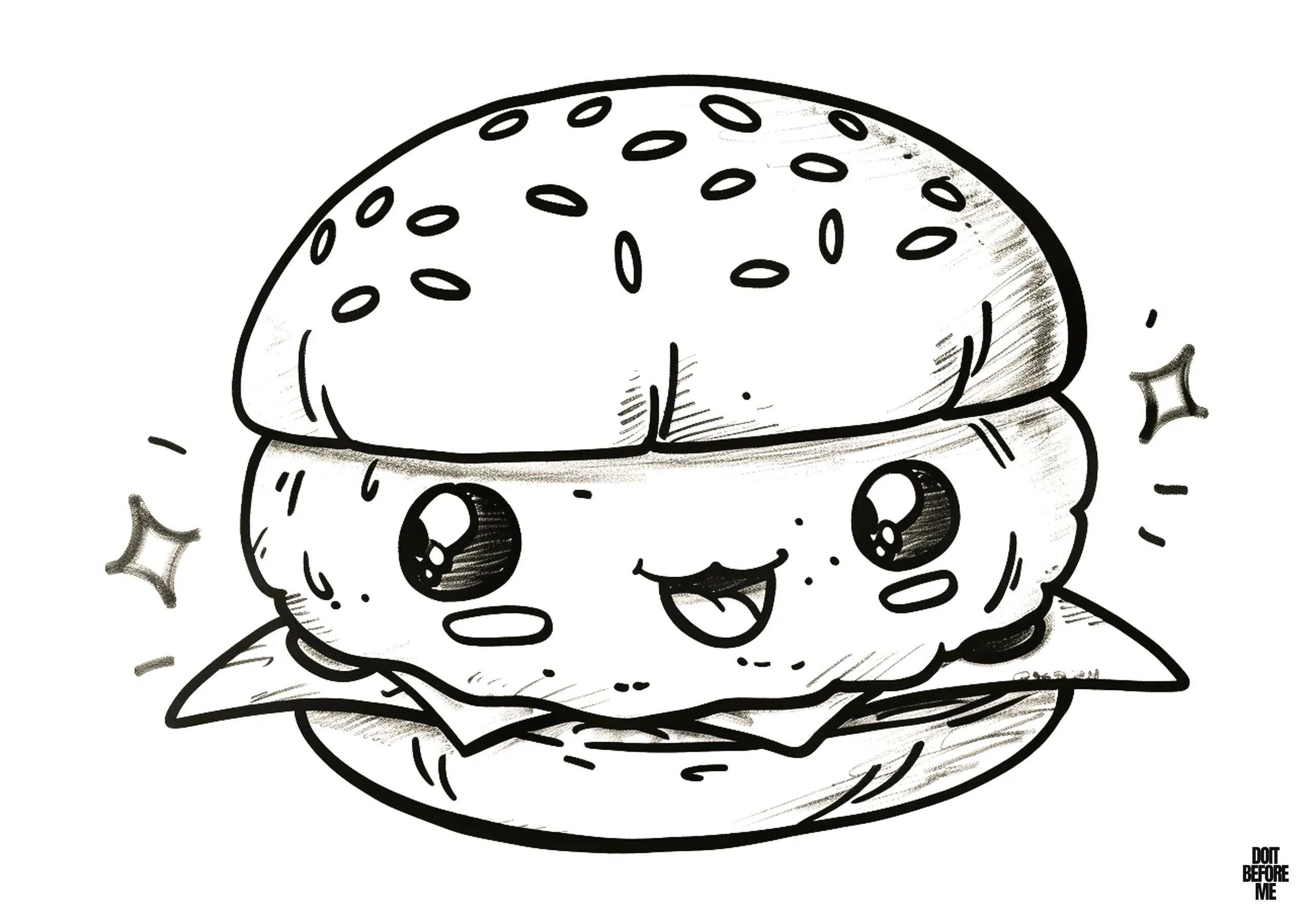 Printable cute hamburger coloring pages for kids featuring smiling kawaii design.