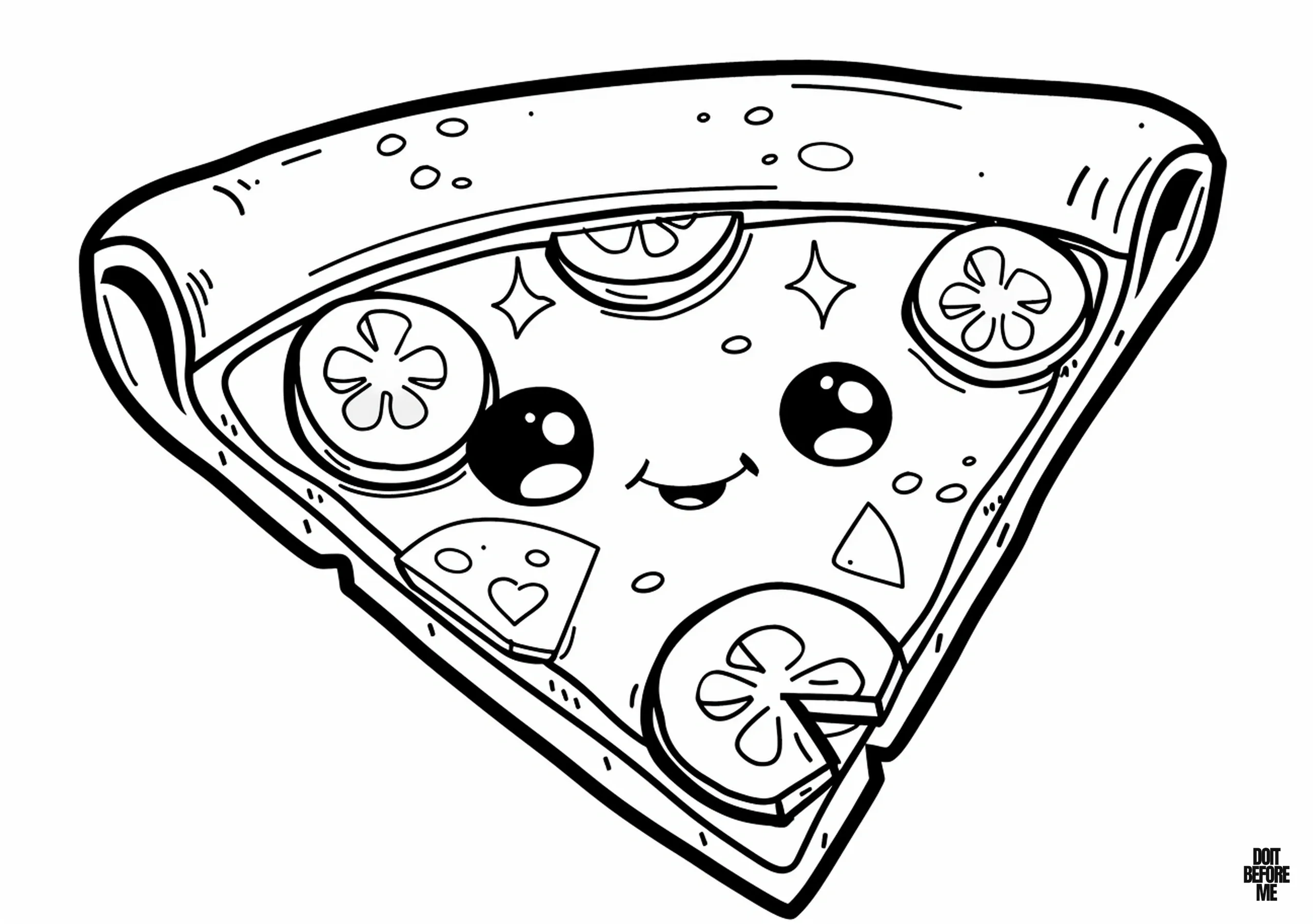 Printable coloring page for kids featuring a cute pizza slice with a smiling face.