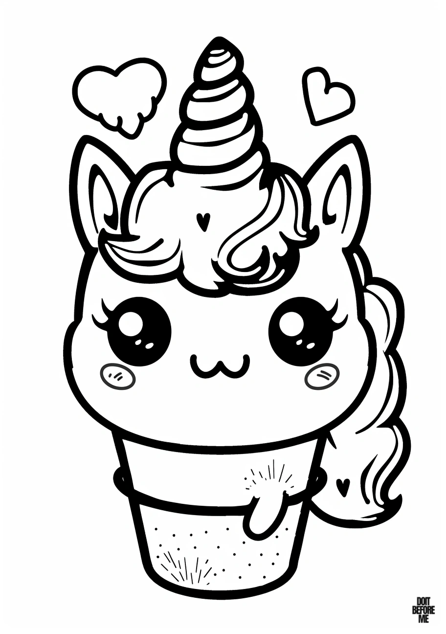 Printable coloring page featuring a delightful unicorn nestled inside an ice cream cone, designed with simplicity and charm, for children, toddlers, and preschoolers to enjoy easy coloring.