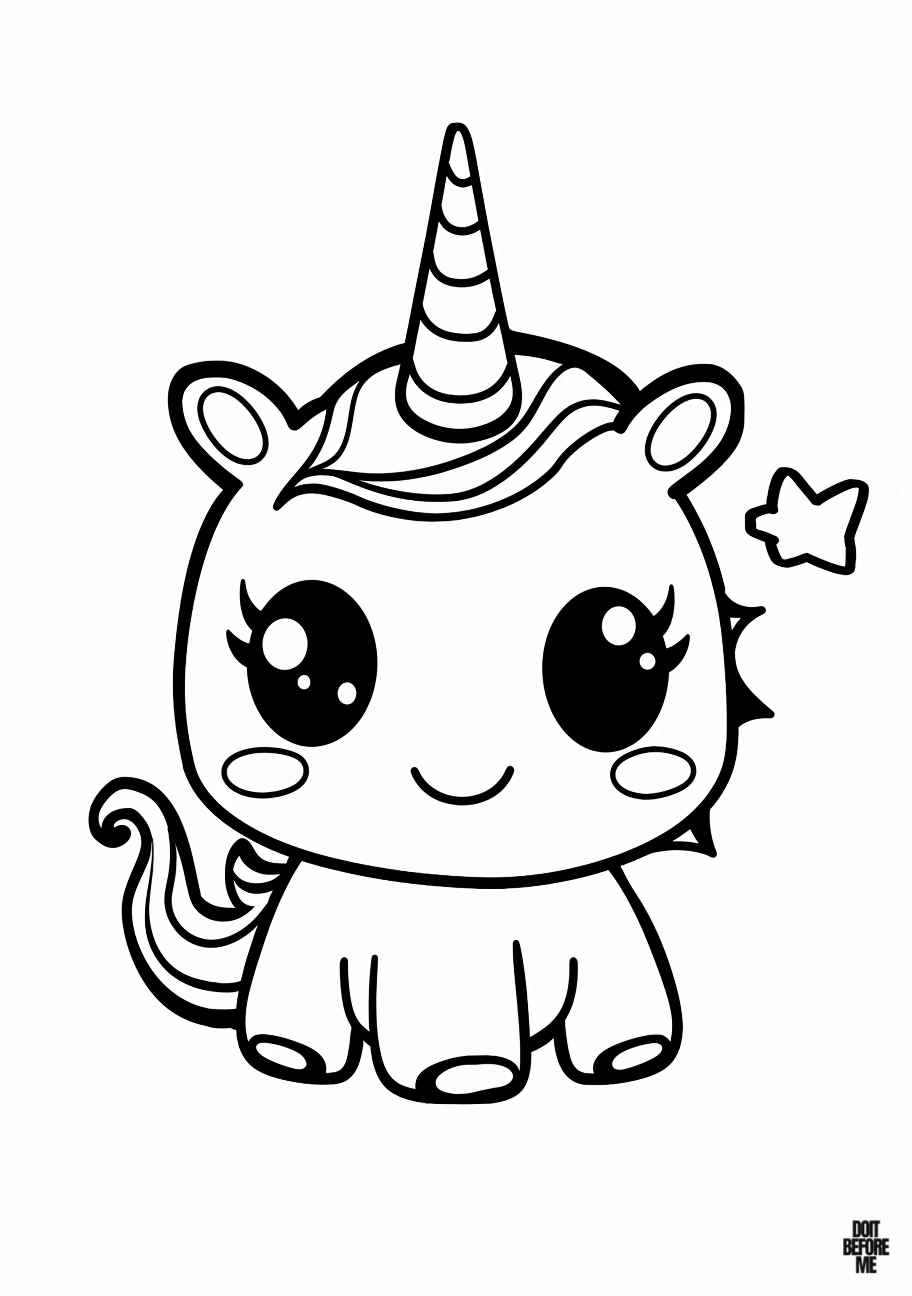 Free printable cute coloring page featuring a kawaii unicorn with a small star next to it. Designed to be simple and engaging, ideal for children to enjoy coloring.