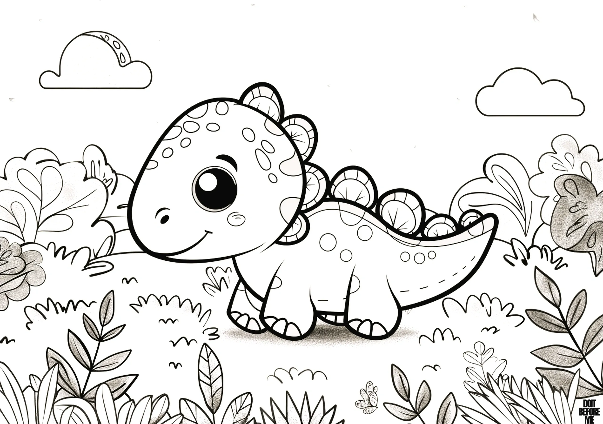 Beautiful and easy design of a cute baby dinosaur coloring page for kids, featuring a simple background of clouds, plants, and grass.