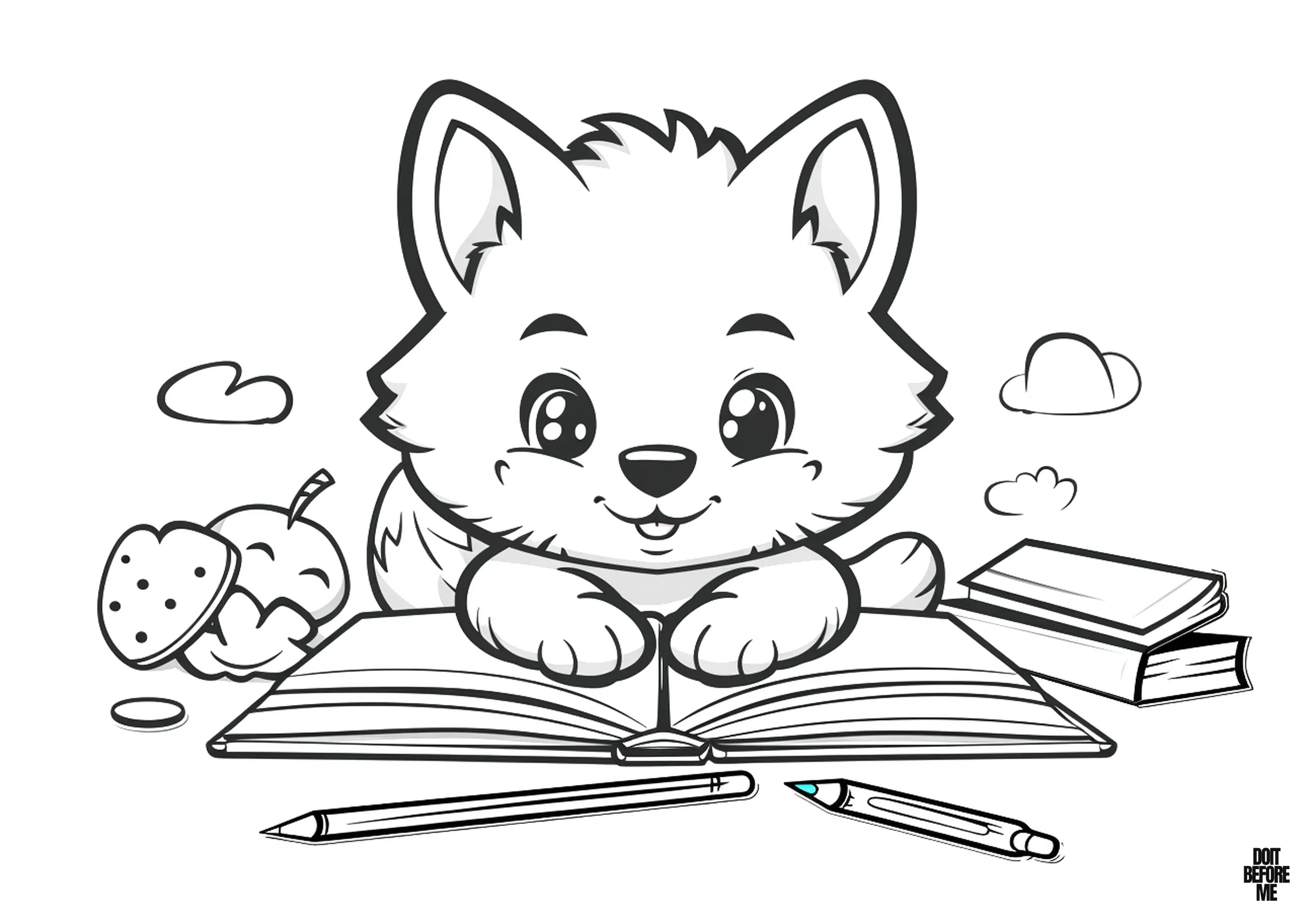 Printable coloring page featuring a puppy dog reading a book and coloring with its pencils. Suitable for kids to color, thanks to its easy and cute design.