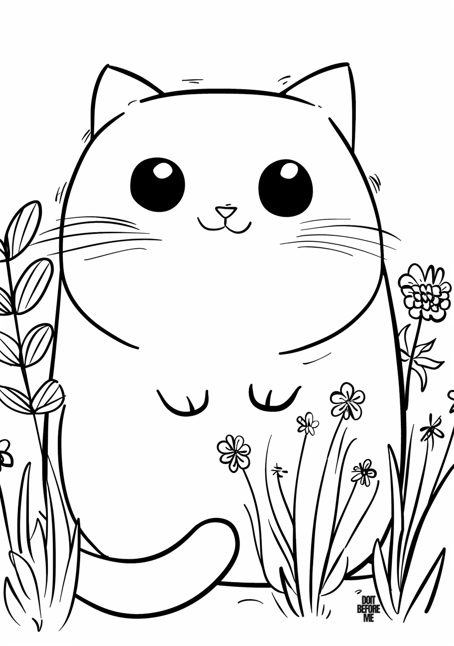 Cute cat coloring page with a simple and plain design. The cat stands on two legs among the grass and flowers. Since the size of the cat is huge compared to the page, it can be easily colored by children.