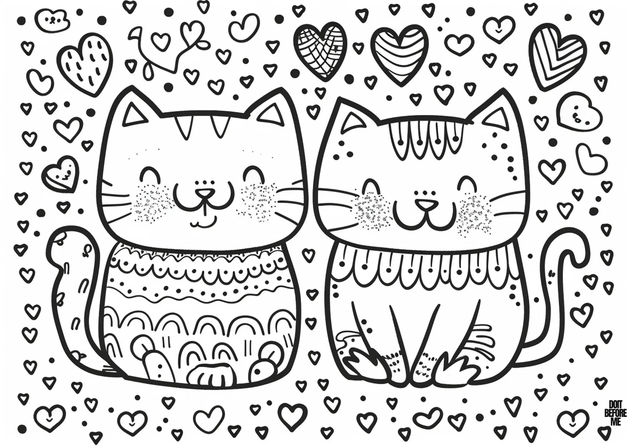 Printable easy coloring page for kids features two cute cats with a simple, kawaii design surrounded by little hearts.