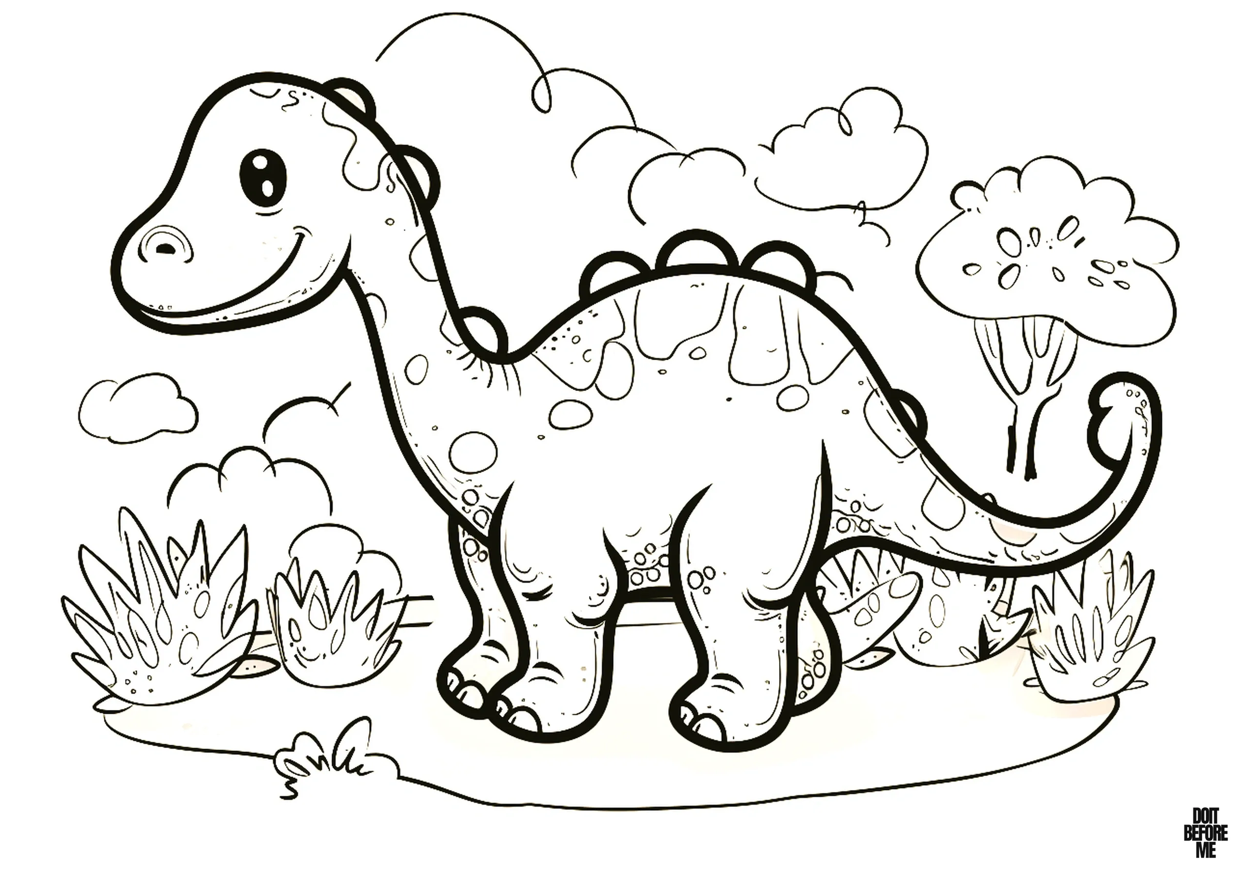 Free printable coloring page featuring a friendly baby brachiosaurus brontosaurus dinosaur, with an easy and simple kawaii design for kids, toddlers, and preschoolers to color. The dinosaur stands amidst a backdrop of trees, several plants, and clouds.