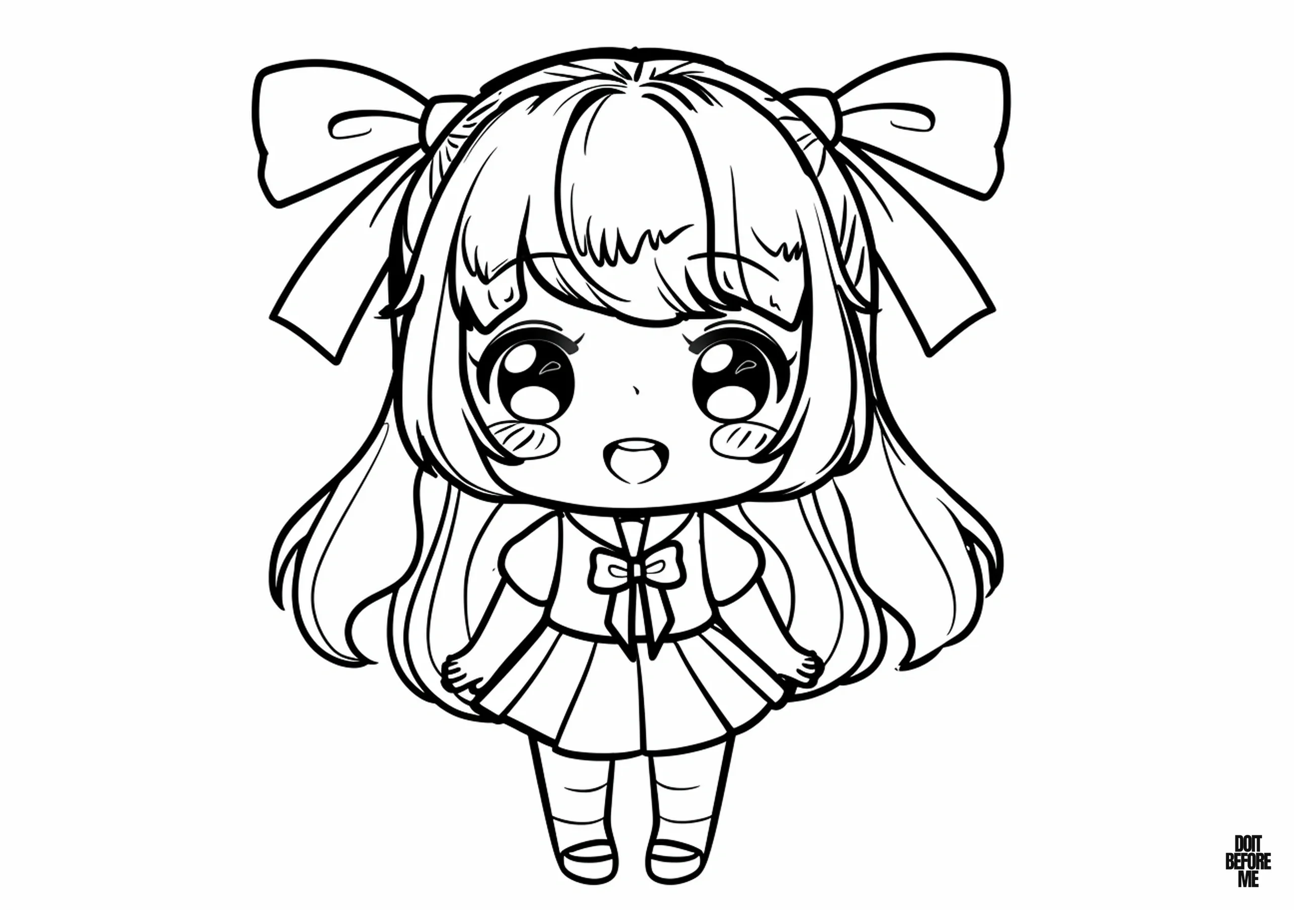 Printable coloring page featuring a cute, easy, and kawaii girl with a joyful expression, designed for children, especially young girls. She has big eyes, her hair is parted with a buckle, she wears a cute dress, and her mouth is open in surprise. The background is clean with a plain white backdrop, providing ample space for coloring.