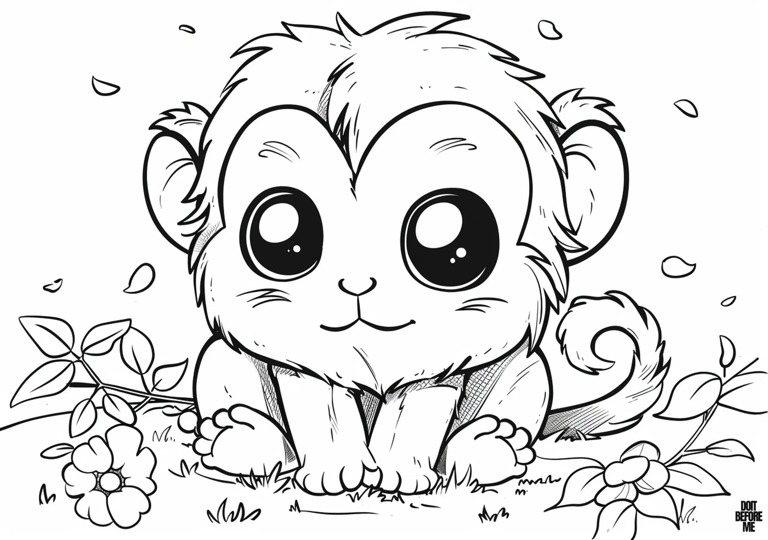 Simply depicted, the easily colorable baby monkey sits and gazes curiously with its large eyes. In the printable background, there are several bushes.