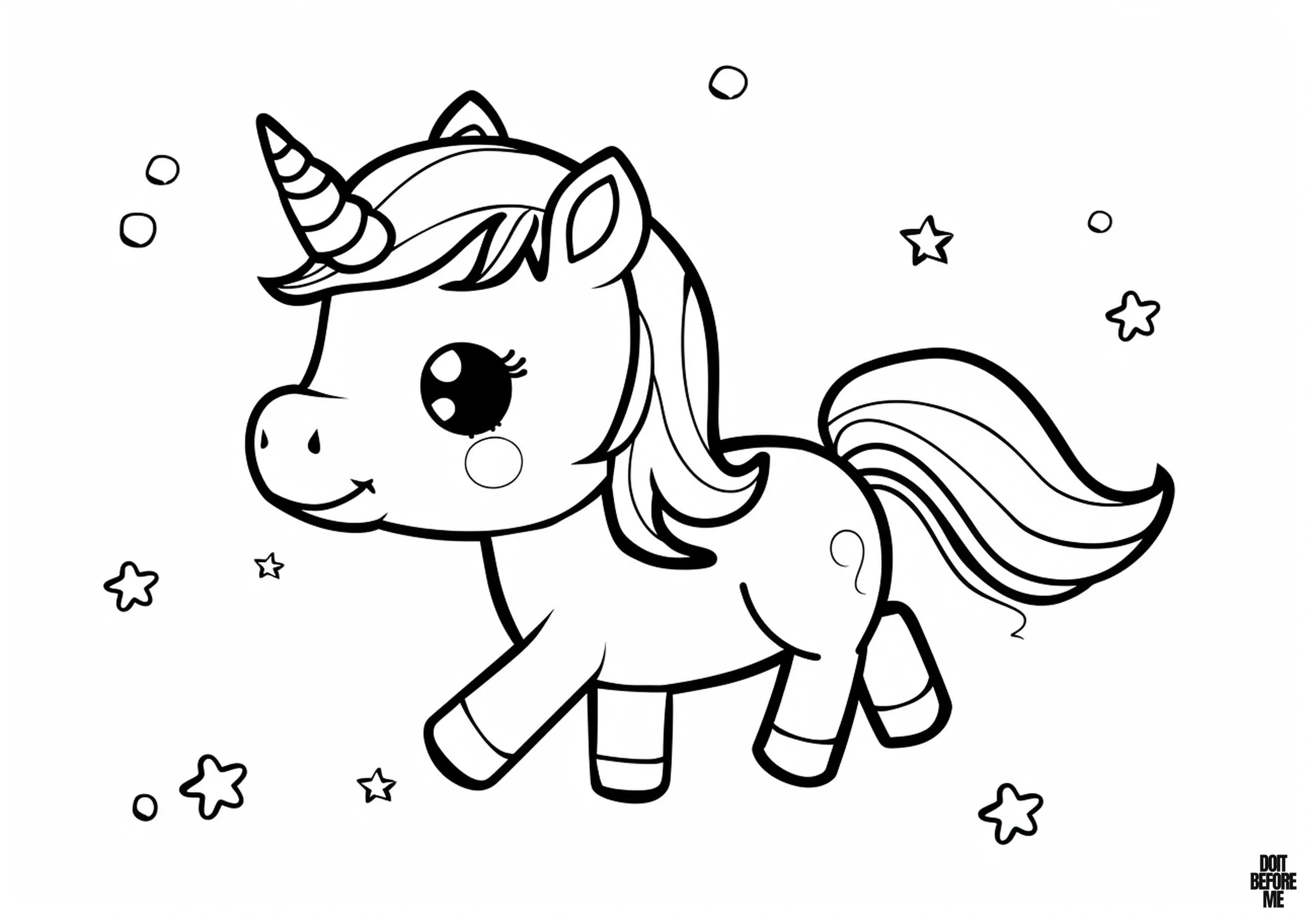 A cute baby unicorn designed in an easy way for children to color. The unicorn's mane and tail are blown back in the wind, the unicorn's entire body is depicted in side profile, and there are a few colorable stars on a plain white printable background.