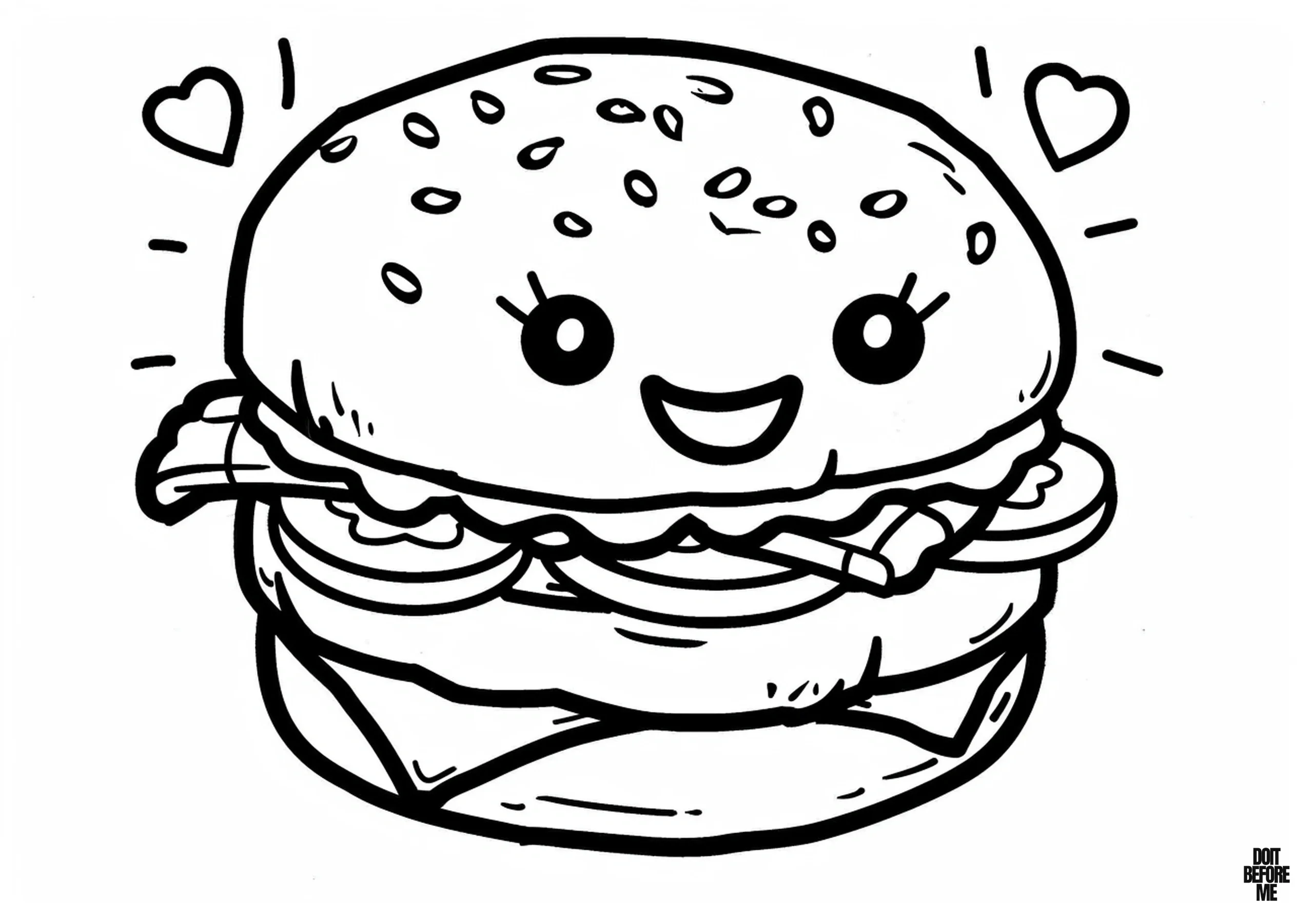 Printable coloring page featuring an appetizing hamburger with a smiling face. The hamburger, adorned with scattered hearts, comprises lettuce, cheddar cheese, hamburger patties, pickles, and sliced tomatoes, with sesame seeds on the bread. Suitable for children to color.