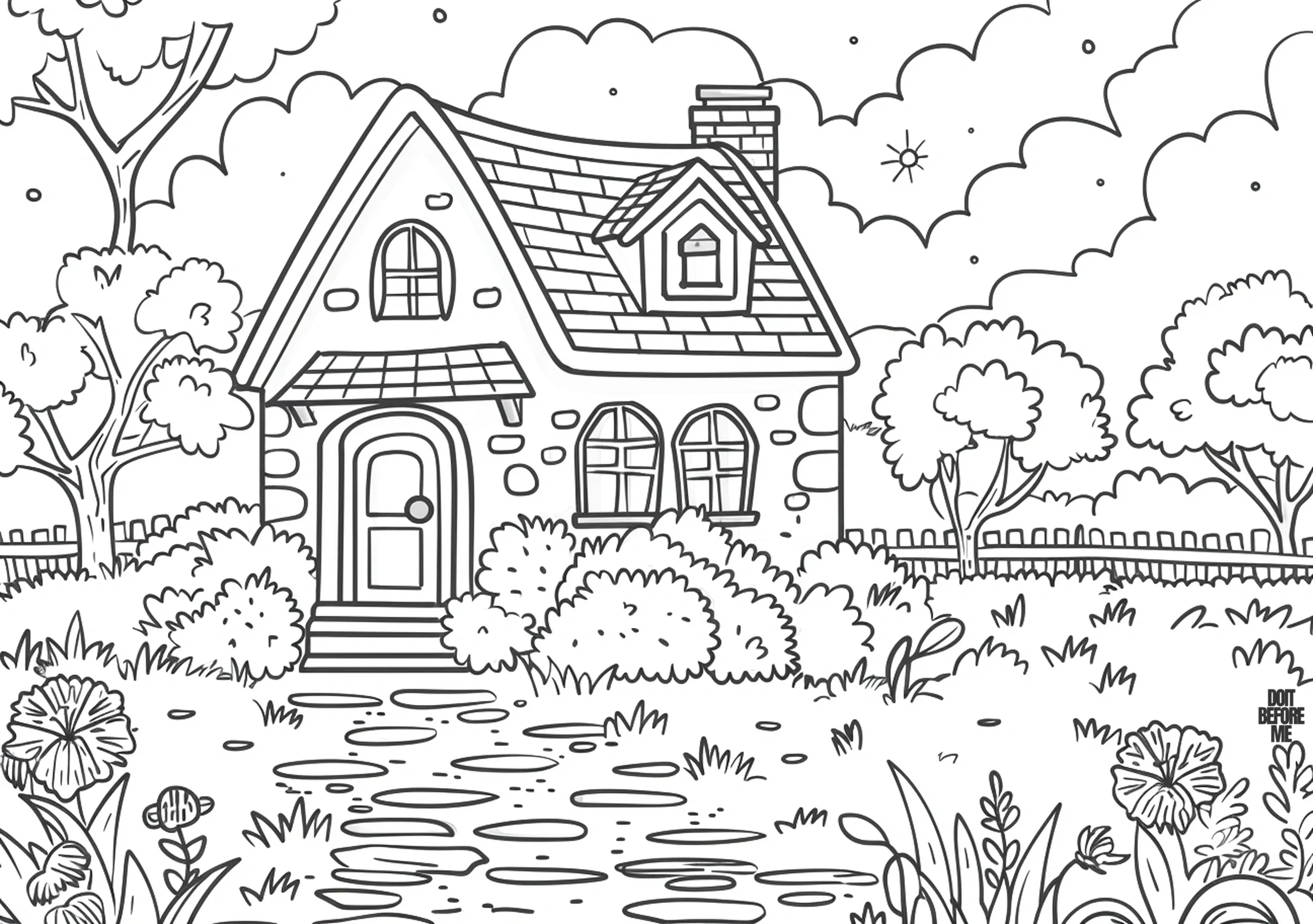 Printable coloring page featuring a well-kept garden in front, with a stone walkway, bushes, and flowers on the edges of the garden, trees along the fences and a colorable sky in the background, and a small stone house with windows and a tiny chimney where a happy family lives in the focus. It is designed for kids, as it is easy to color, and for adults, as it does require extensive coloring.