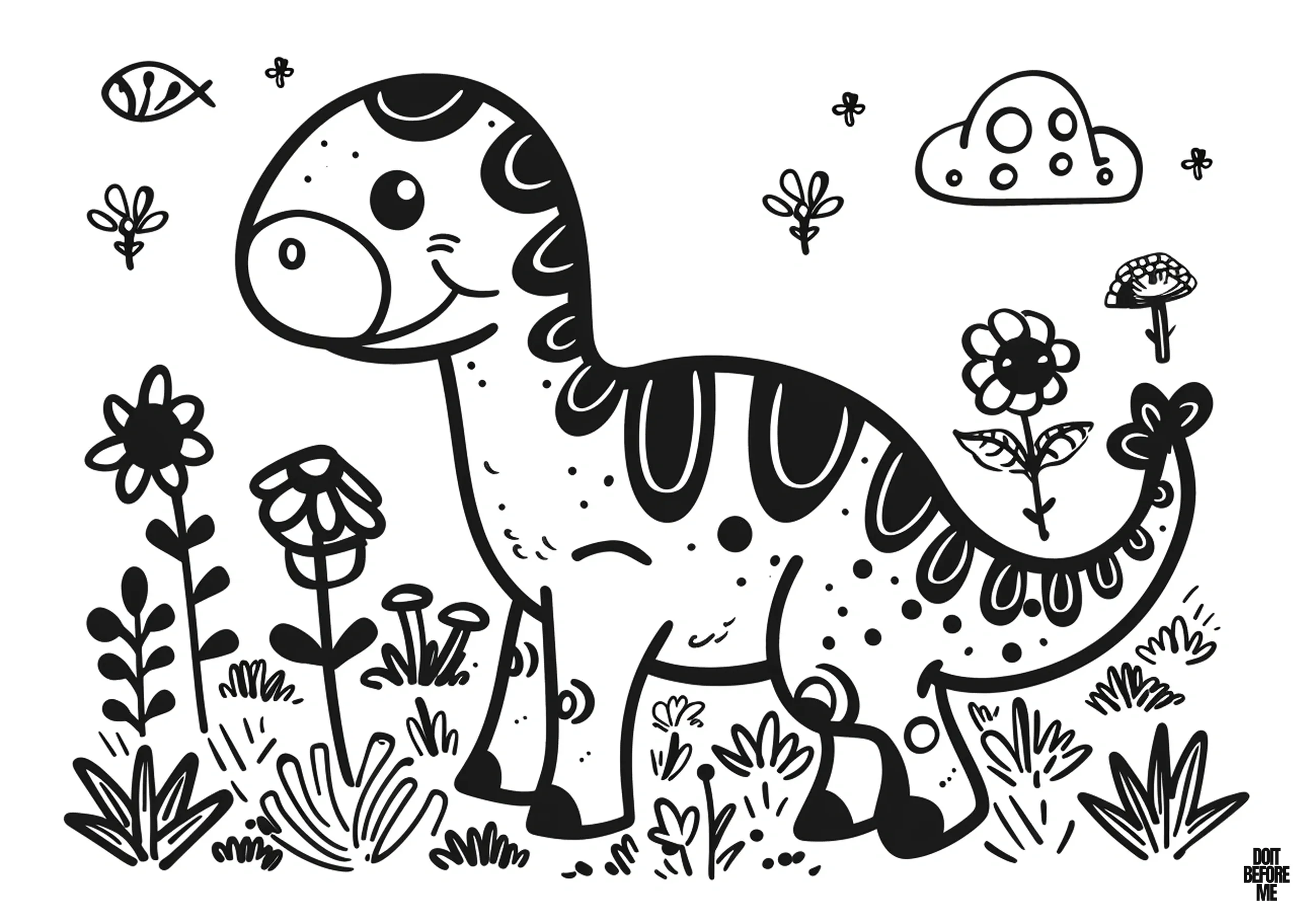 Printable dinosaur coloring sheet, designed with simplicity and cute appeal, suitable for kids. The design is reminiscent of Diplodocus and Brachiosaurus.