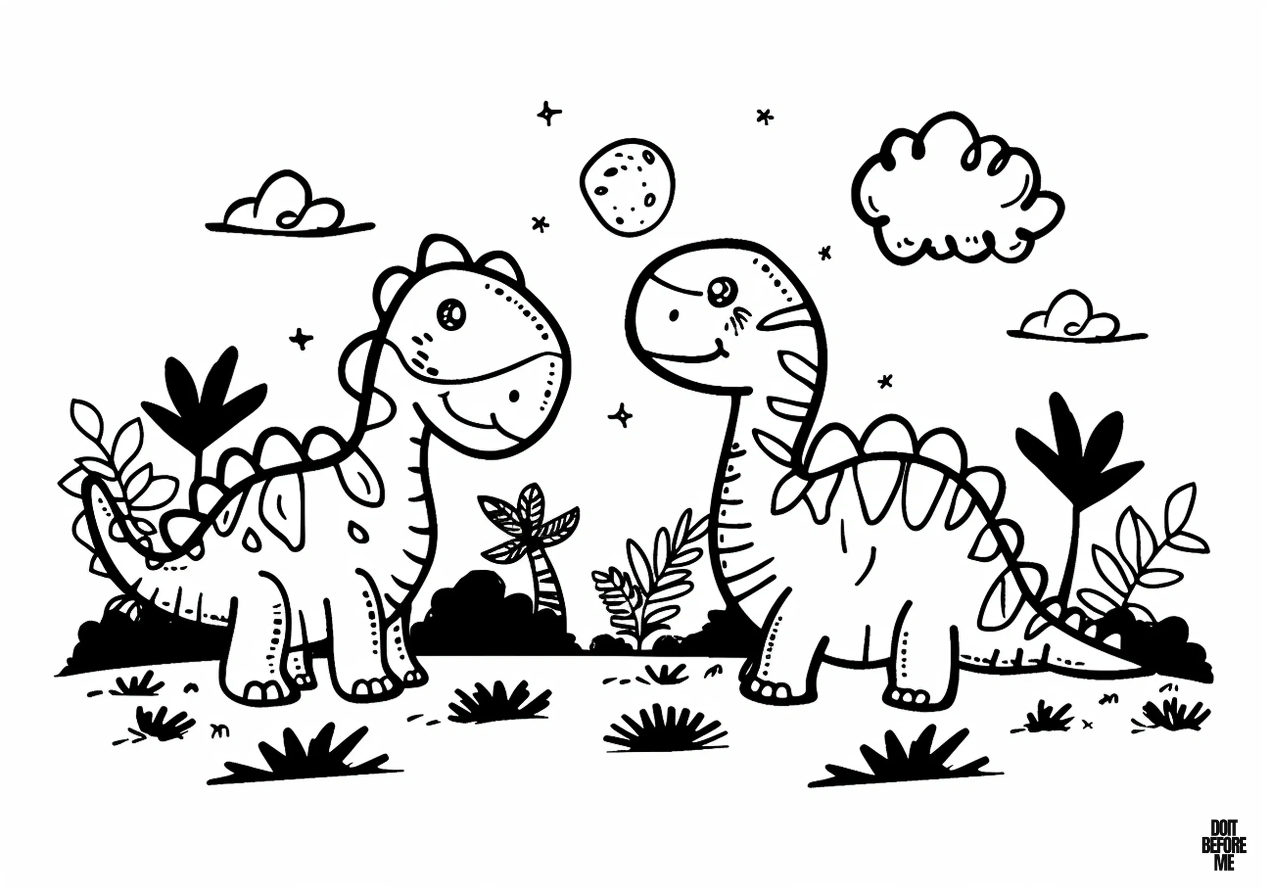 Easy dinosaur coloring page for children, featuring two adorable baby Brachiosauruses, with the moon, stars, clouds, and some trees in the background.