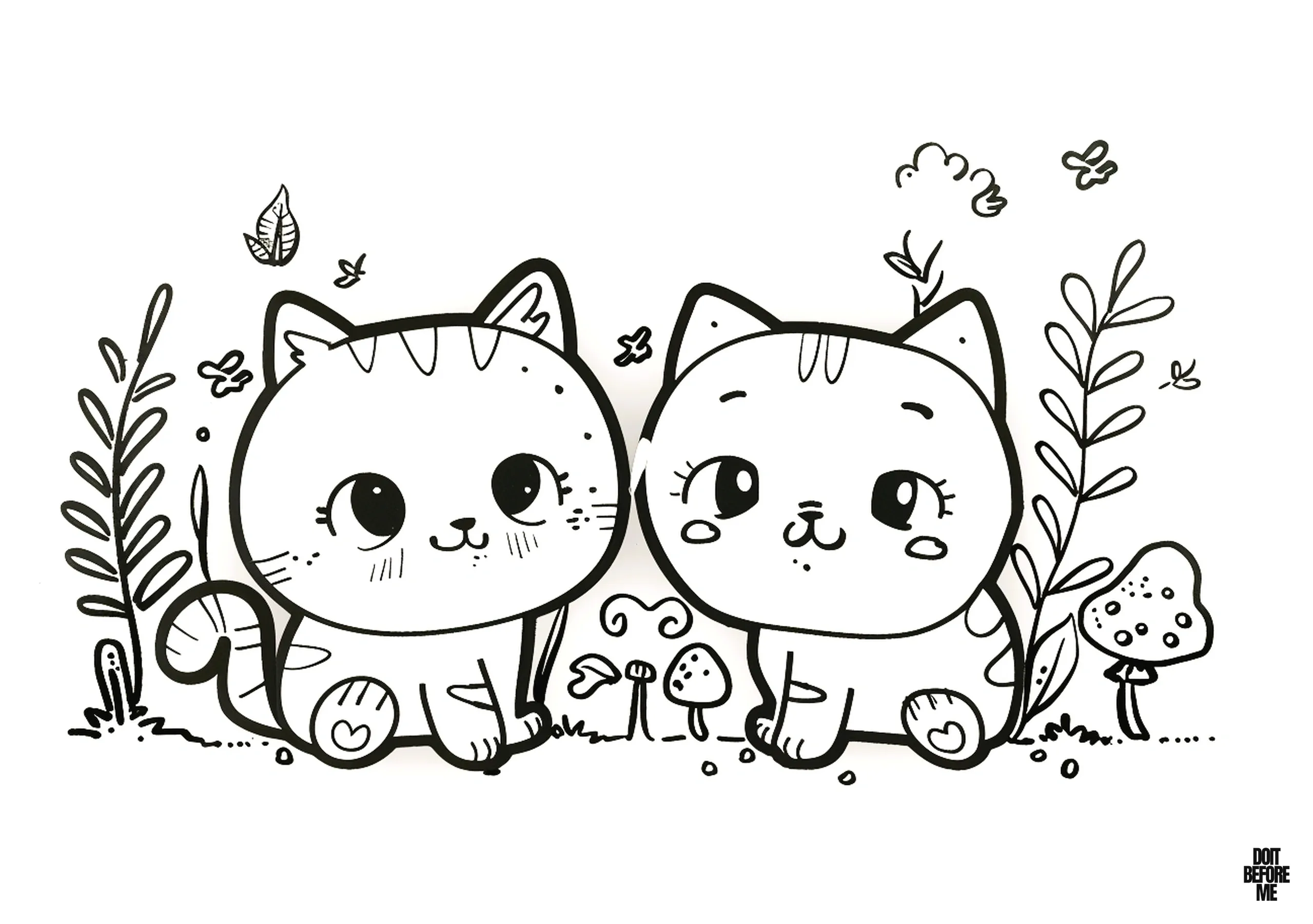 An easy-to-color coloring page for kids featuring kawaii chibi two cats looking at each other.