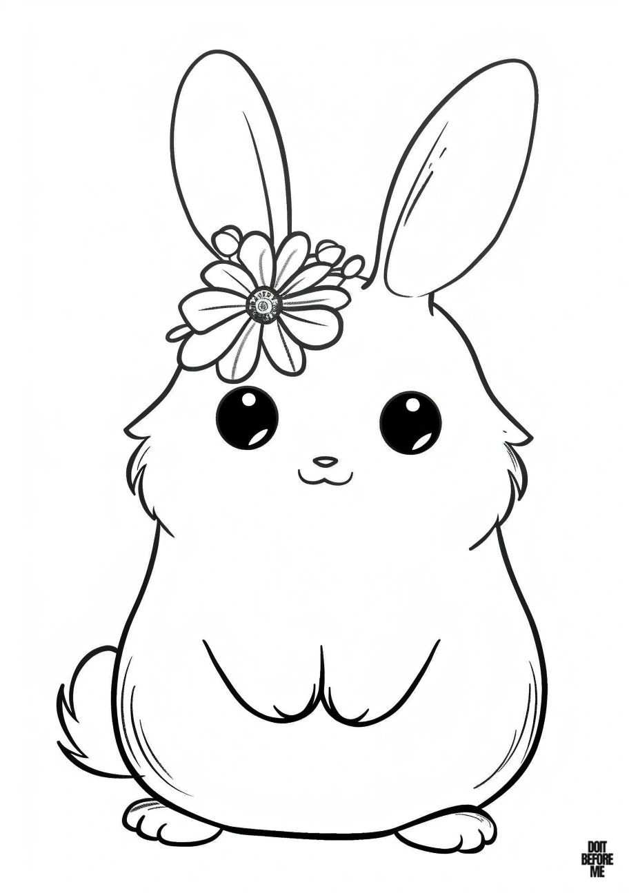 Adorable bunny standing on two legs with a flower crown, featuring ample space for easy coloring by children.