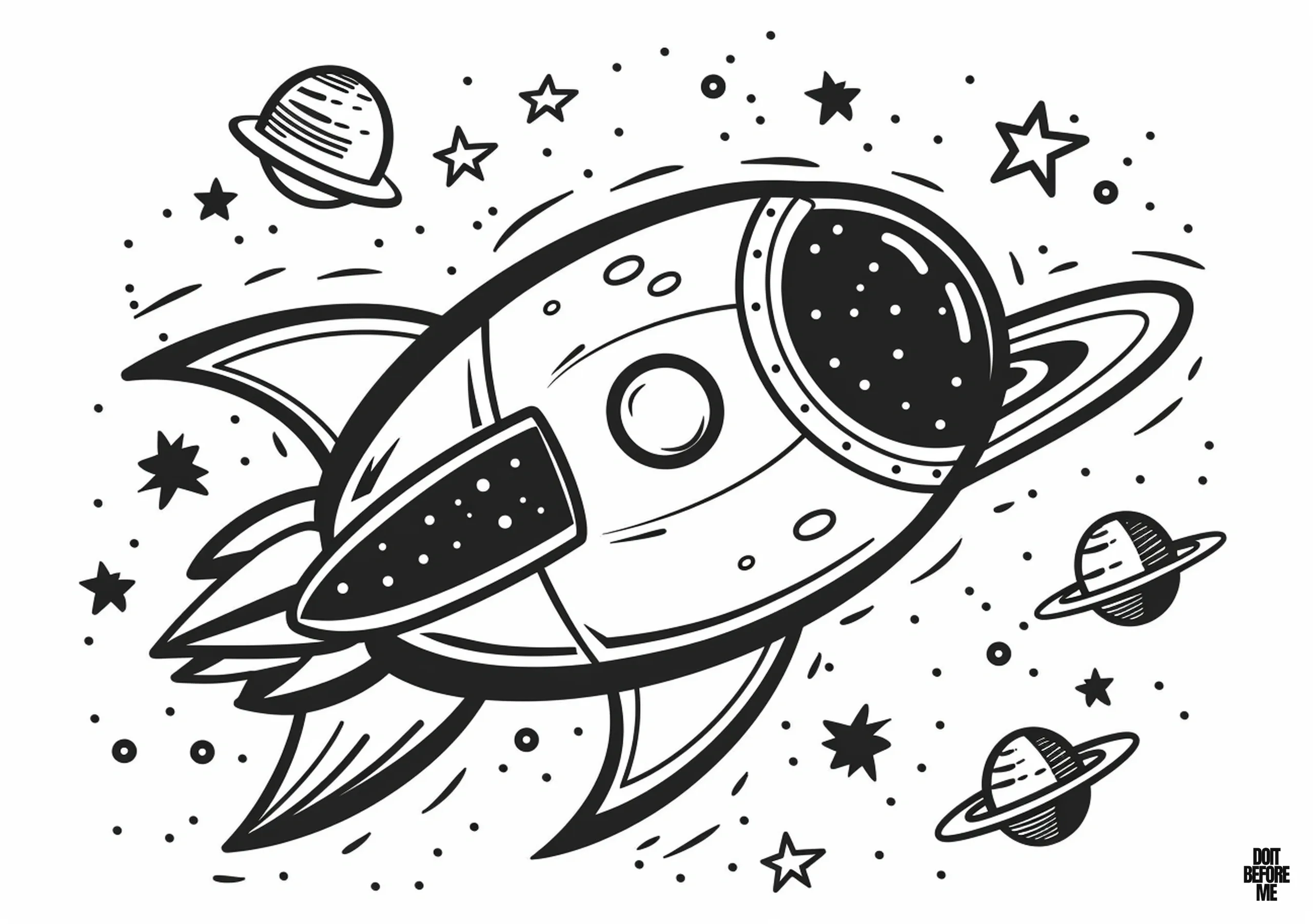 Coloring page depicting a spacecraft rocket designated for exploring the vastness of space is crafted to be visually appealing, easily colorable, and printable, thereby enabling children to enjoy coloring it.