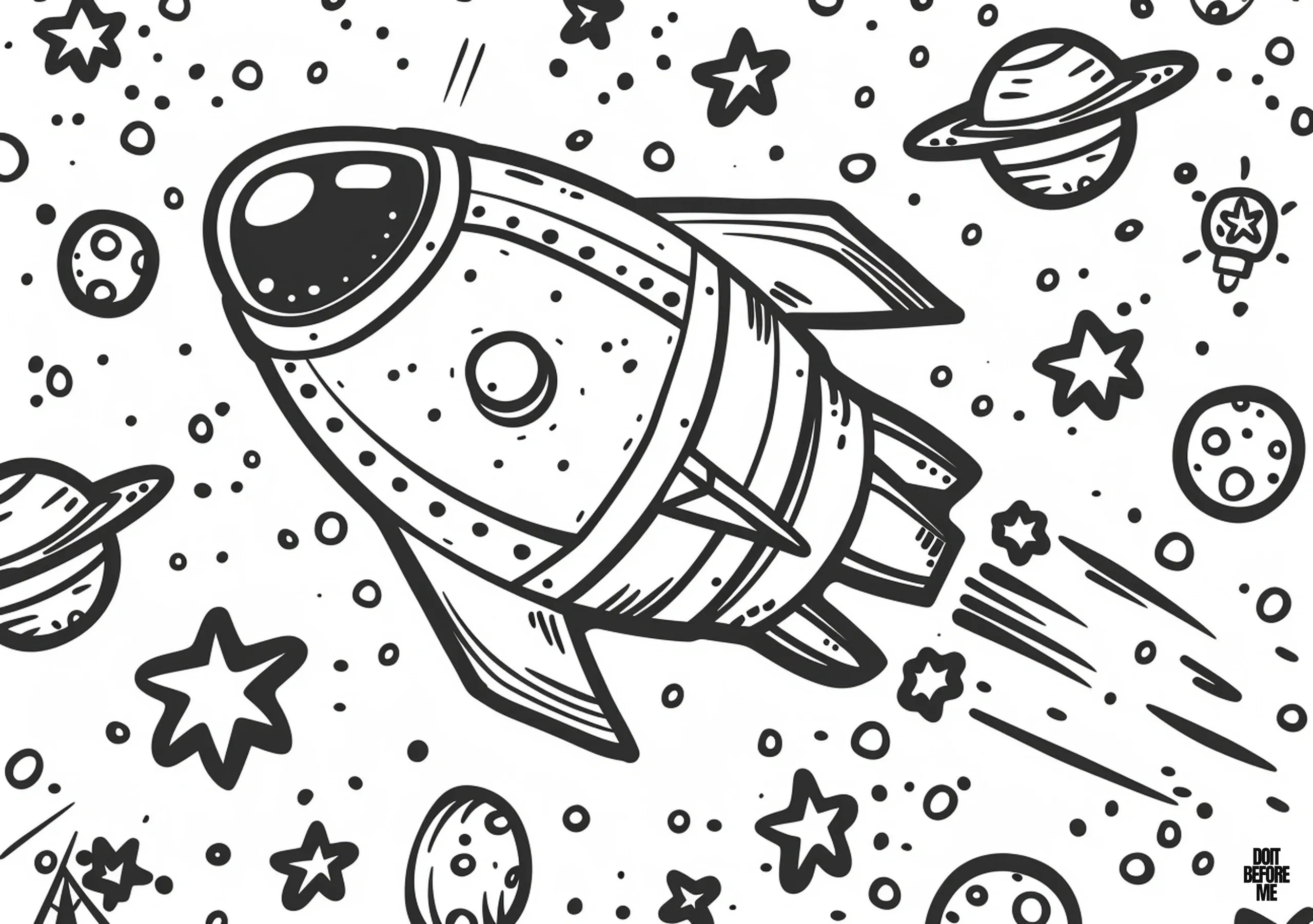 In the midst of the solar system and the galaxy lies a cute spaceship discovery space coloring page designed for kids, toddlers, and preschoolers. Its simple design makes coloring easy.