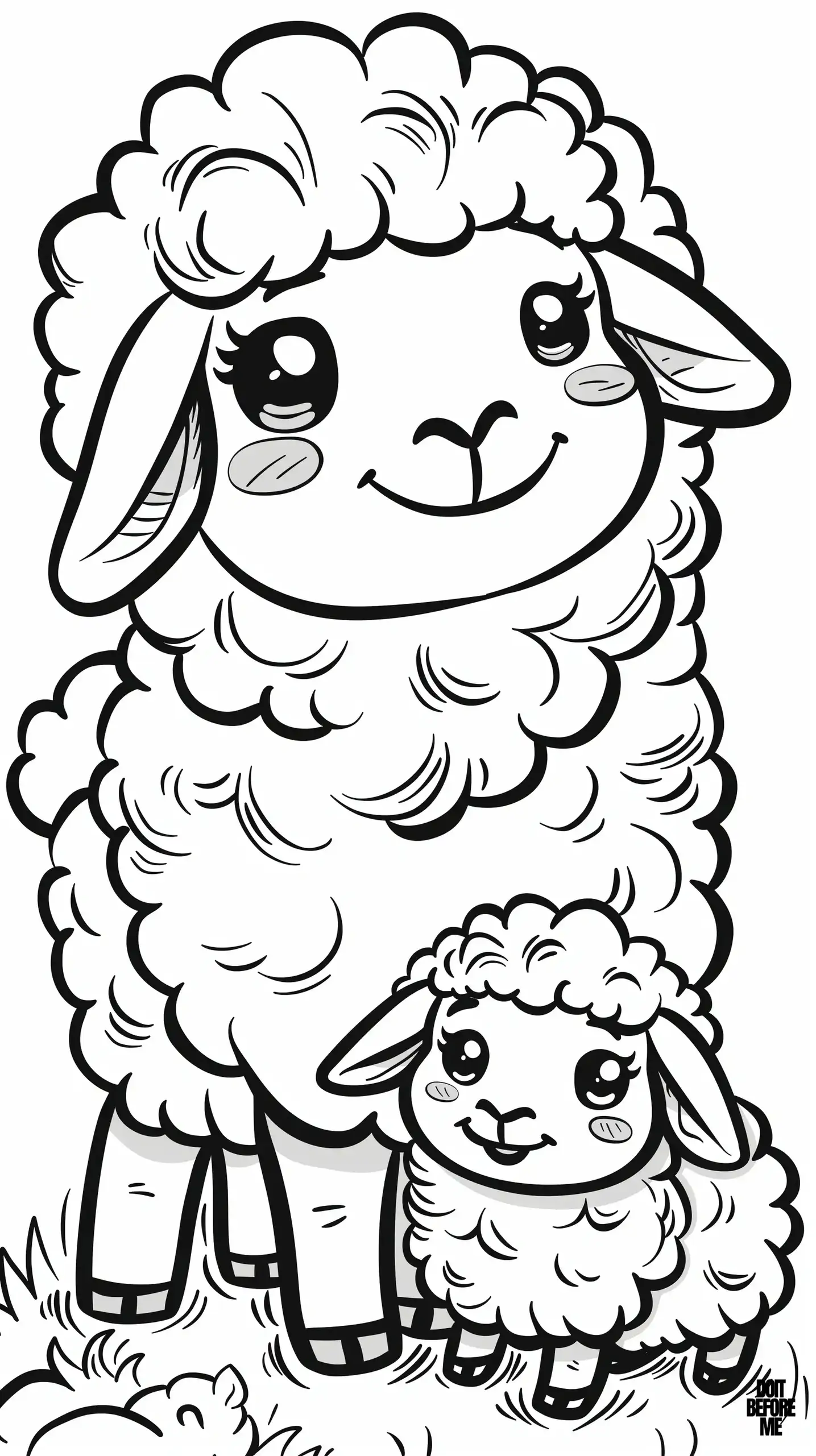 A coloring page suitable for children to color, where the mother sheep with her baby with flushed cheeks and a smiling face are happy.