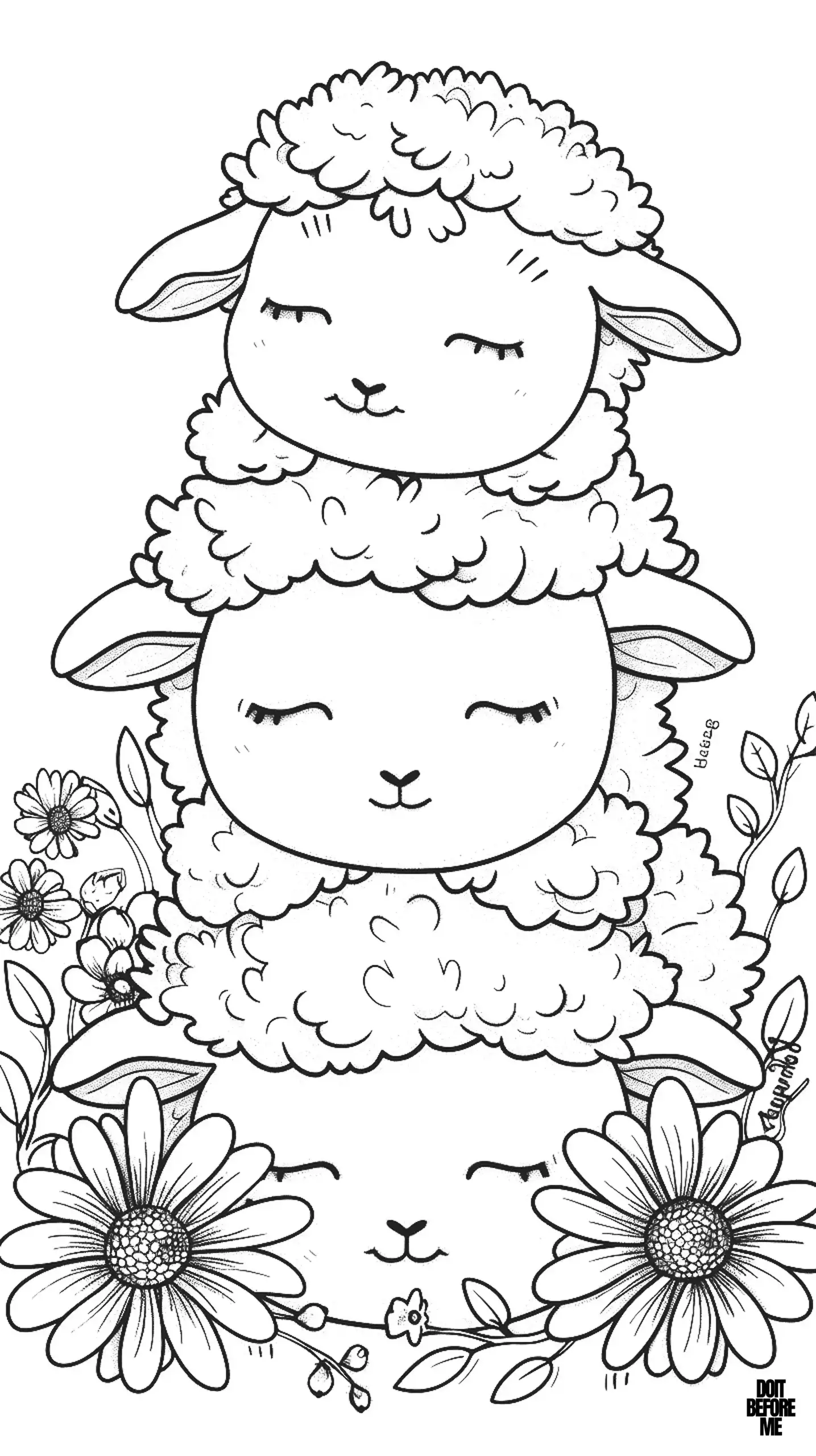 A peaceful sheep coloring page with three baby lambs sleeping peacefully on top of each other and little flowers around them.