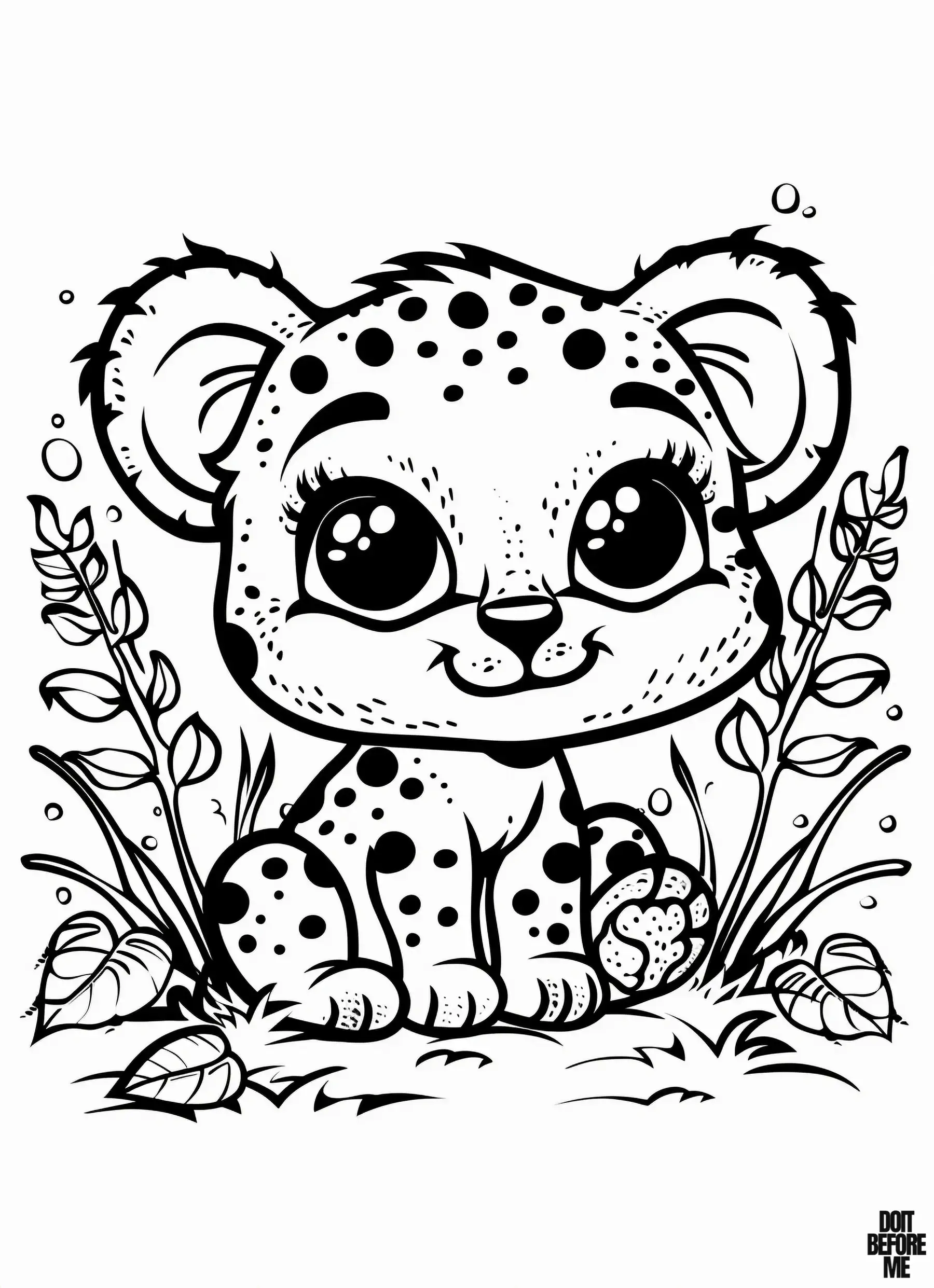 A printable coloring page featuring a baby cheetah looking around with a smile, surrounded by some plants.