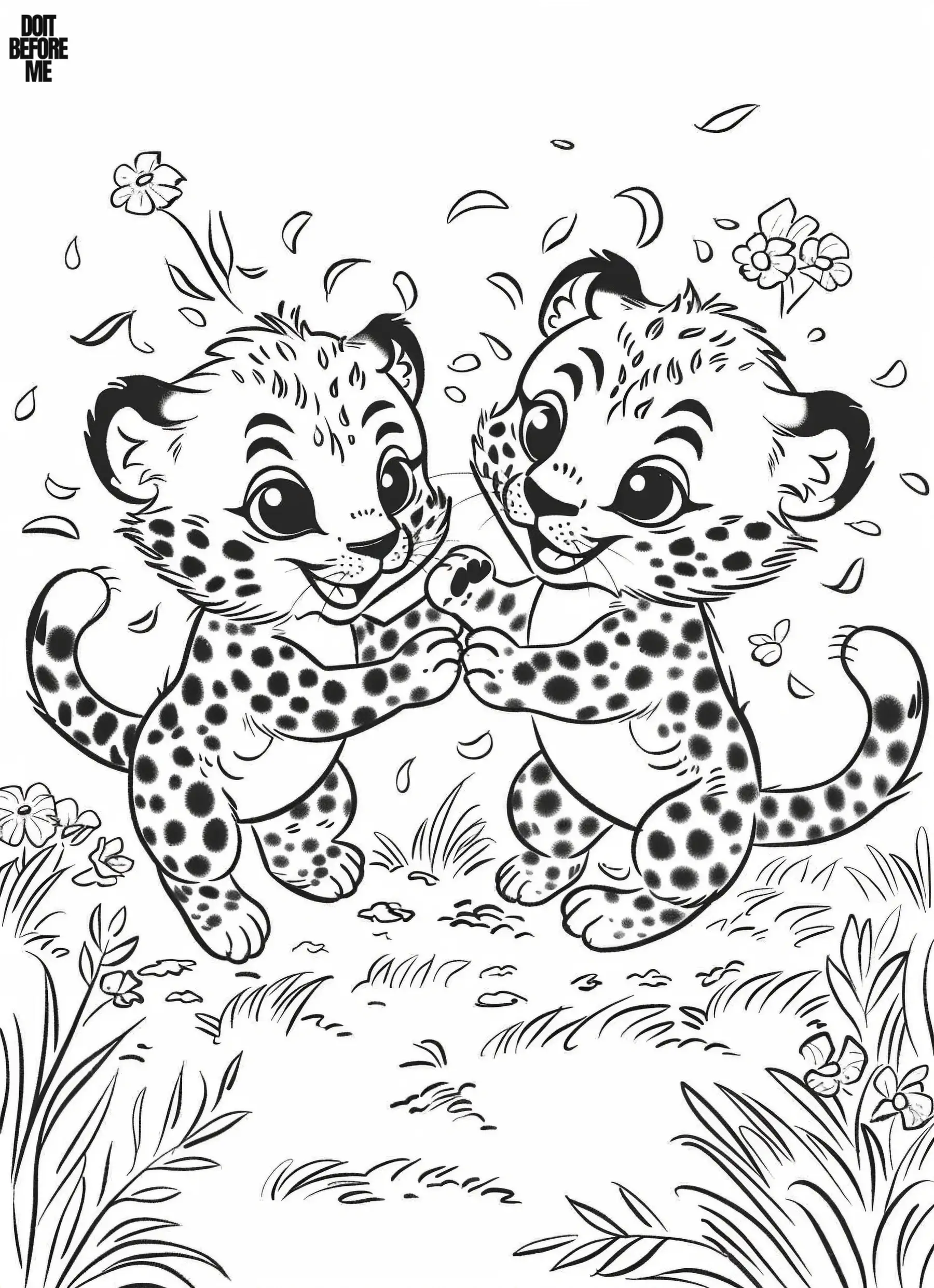 The subject of the coloring page depicts two cheetah cubs jumping into the air, engaged in playful activities such as wrestling and frolicking amidst the grass and flowers.