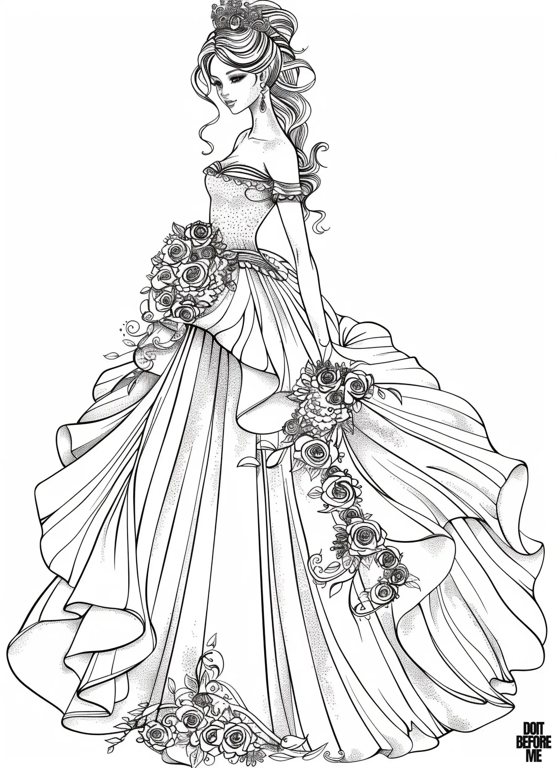 A printable coloring page featuring a beautiful and elegantly dressed Barbie doll preparing to attend a magnificent dinner, adorned with roses delicately placed on certain parts of her dress. The illustration showcases intricate detailing in her hair, with fine lines and exquisite details throughout.