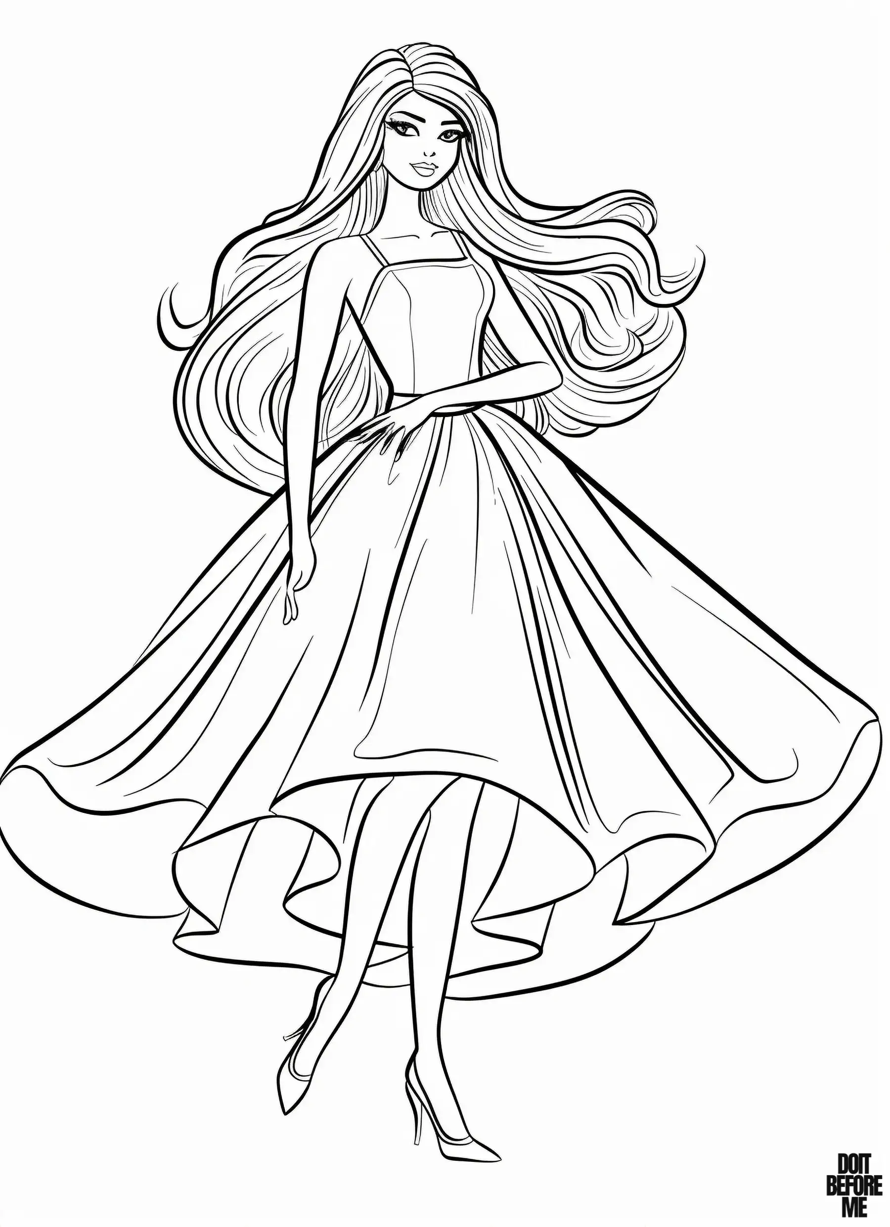 Barbie doll coloring page with plain and simple lines, suitable for kids to color.