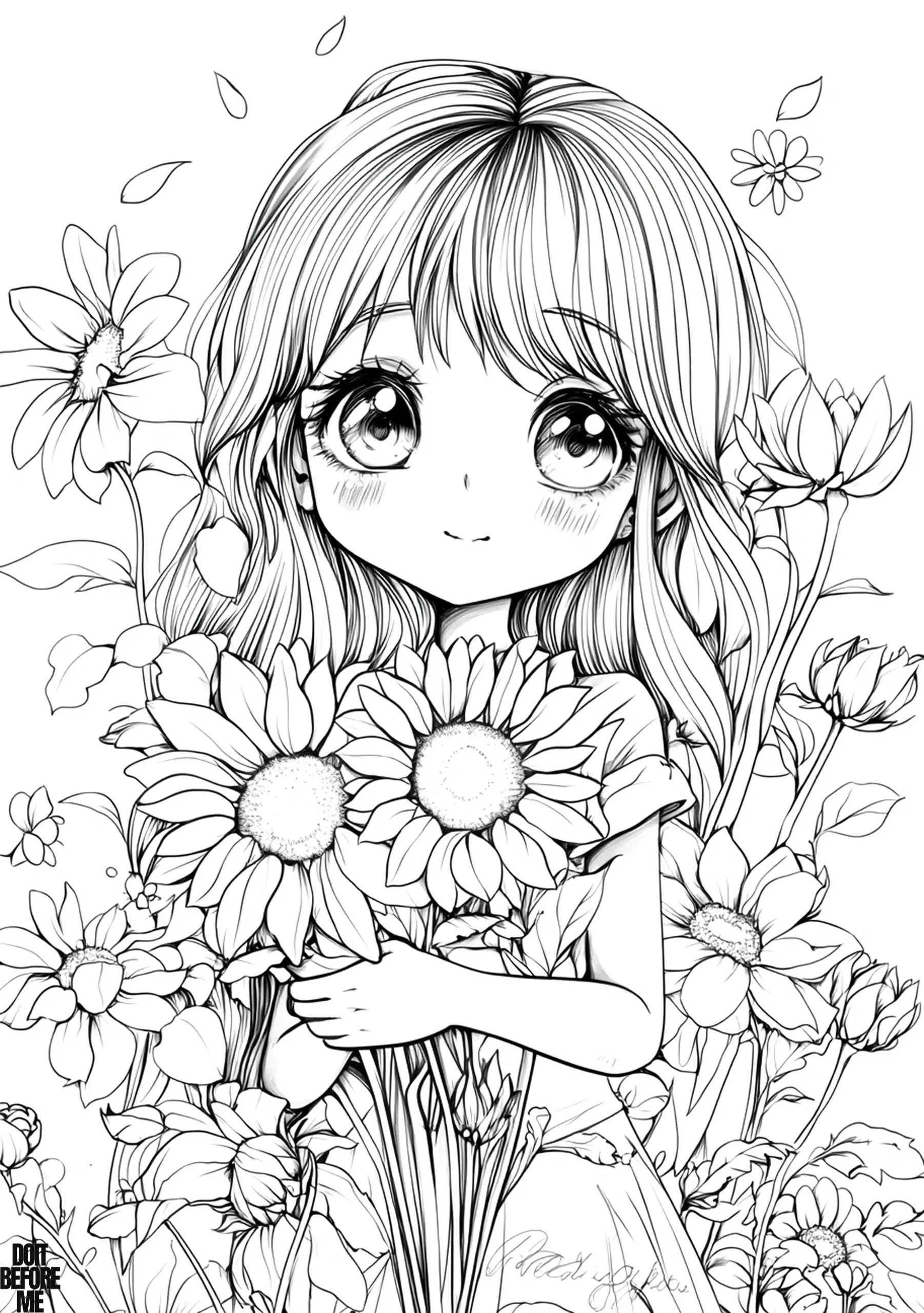 A detailed manga-style black-and-white coloring page featuring a young girl with large, expressive eyes and long, wavy hair. She stands among sunflowers, holding two close to her chest.