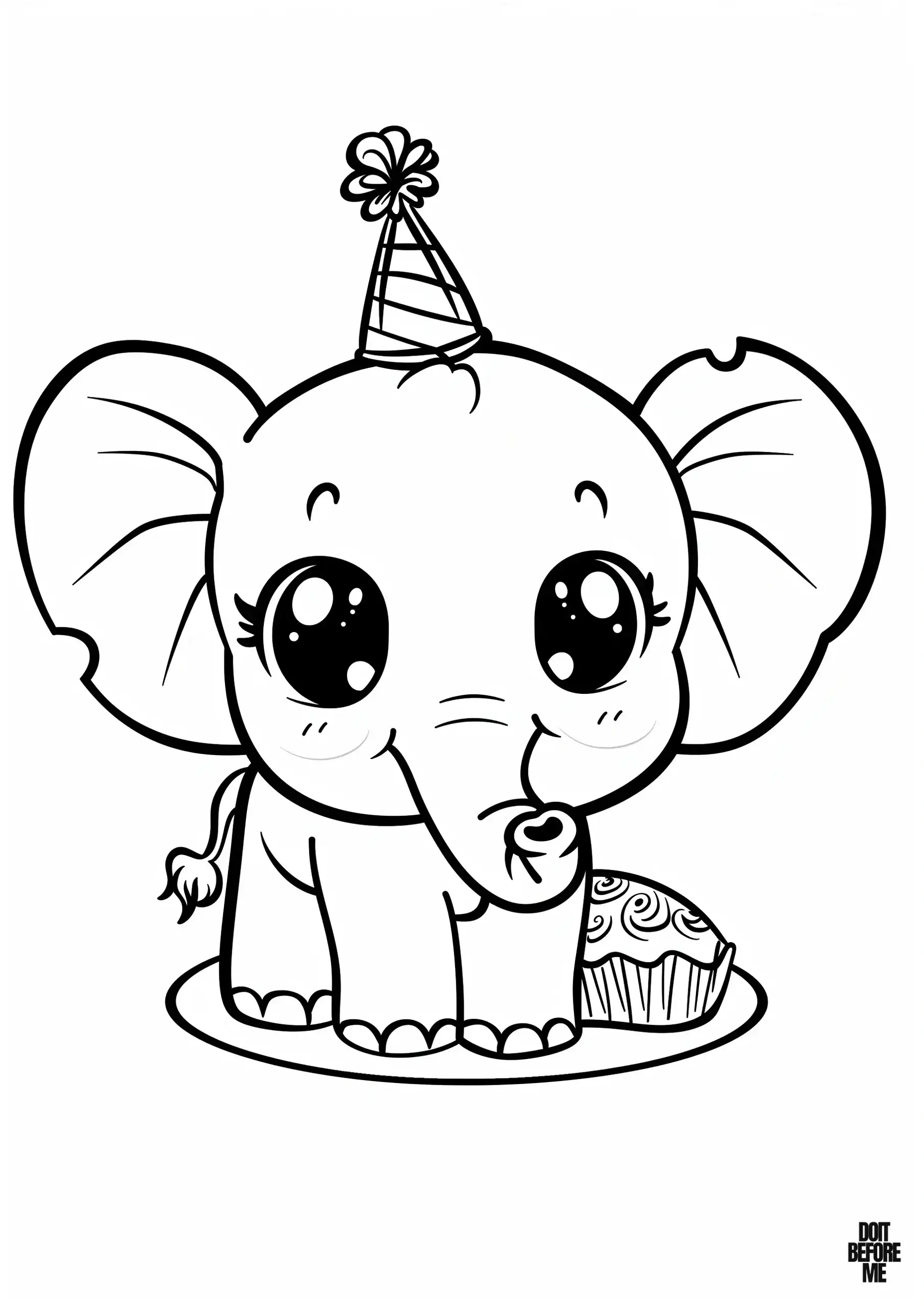 Baby elephant wearing a party hat for birthday celebration.