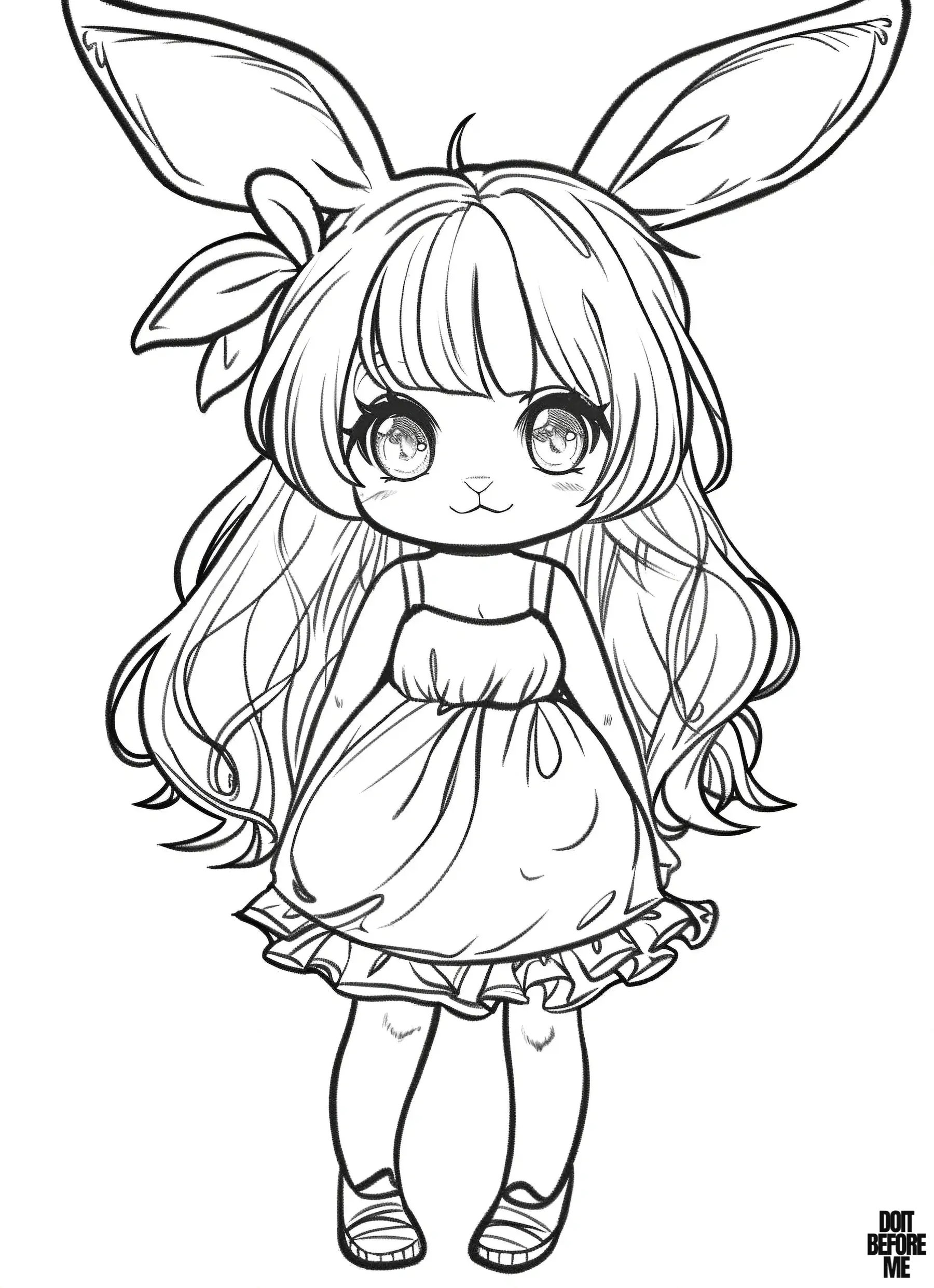 A cute bunny girl with big kawaii eyes and two bunny ears, wearing a simple dress, full body illustration to color.