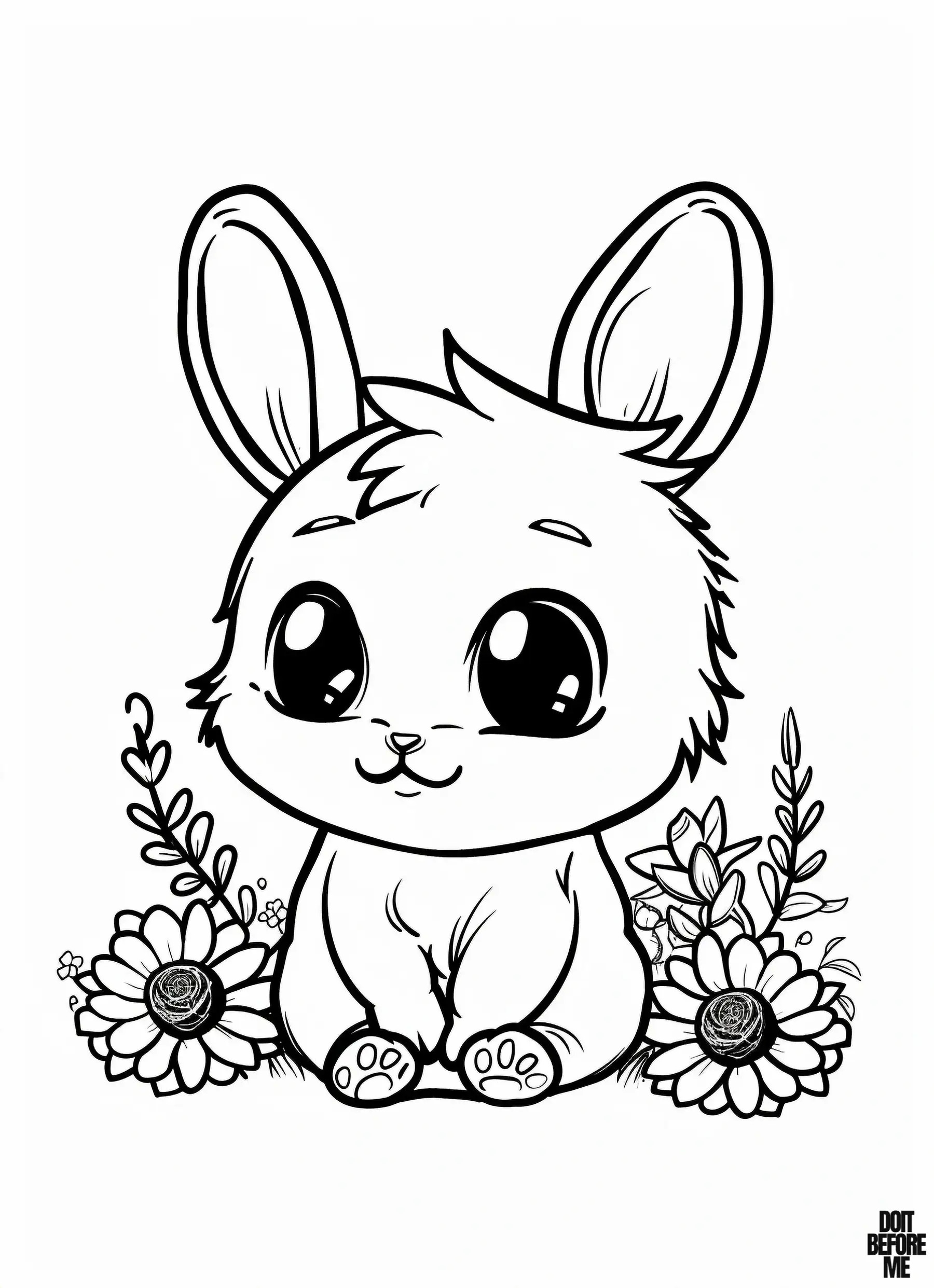 Baby rabbit, with its huge and kawaii head compared to its body, sits with raised eyebrows and ears perked up curiously, smiling delicately. Nearby are easy-to-color flowers and various herbs. With its plain white background, it is easily printable and colorable.