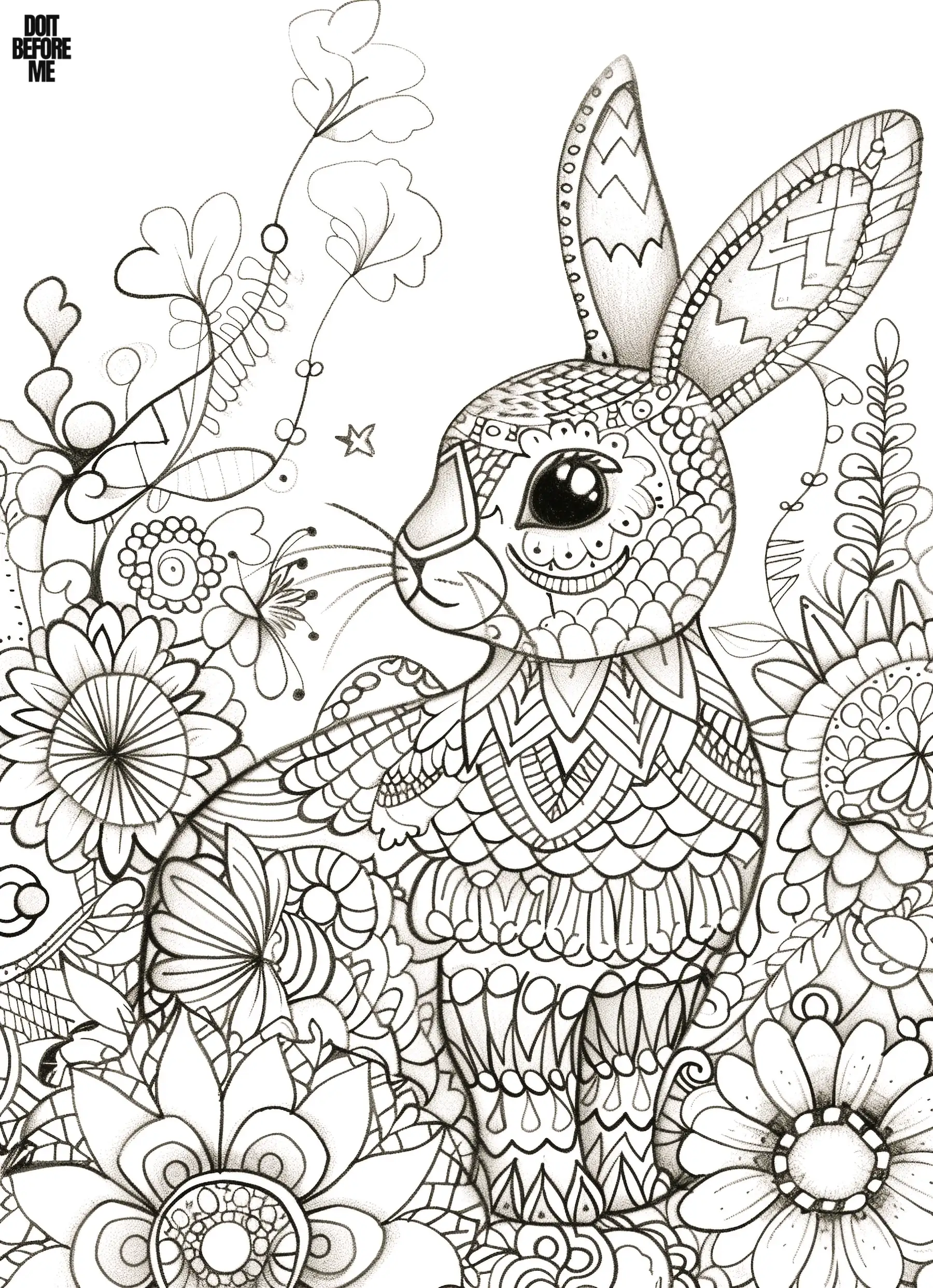 Bunny rabbit adorned with zentangle patterns, its entire body clearly visible from the side, with various flowers surrounding it. Due to its intricate design, it is more suited for adults to color.