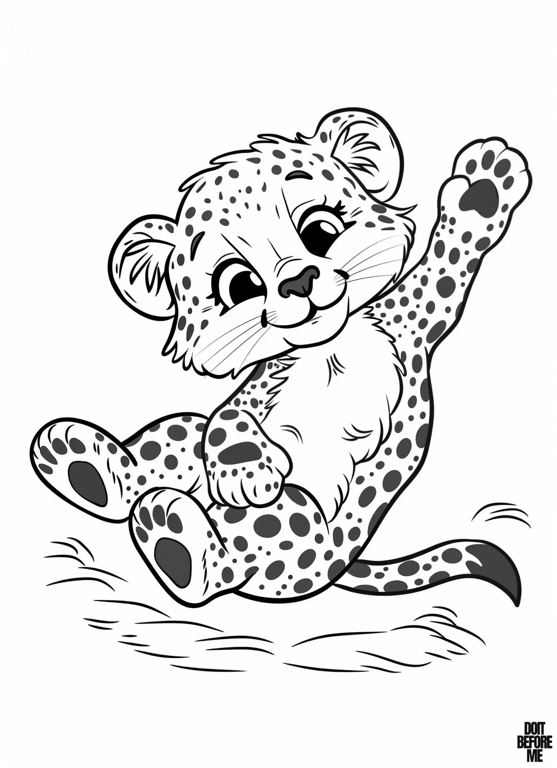 A coloring page featuring a cute baby cheetah sitting with one paw raised in the air, as if asking for attention.