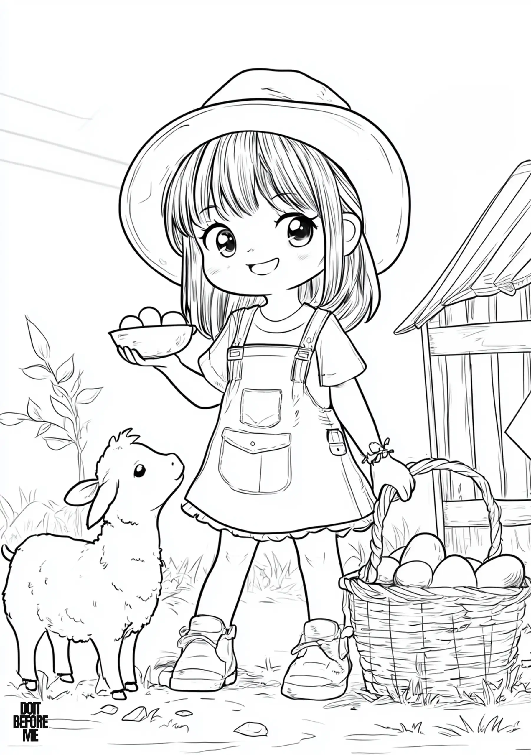 A cheerful young girl wearing a sun hat and overalls holds a bowl of eggs in one hand while standing next to a basket filled with eggs. To her left, a small lamb gazes up at her curiously. Behind her, a simple wooden chicken coop enhances the farmyard setting.